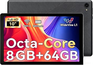 10.1 Inch Android Tablet, Octa-Core Processor, 8GB RAM 64GB ROM 1TB Expand, WiFi 6 Bluetooth 5.4, HD IPS Screen, Widevine L1, Dual Camera, Face Unlock, Black