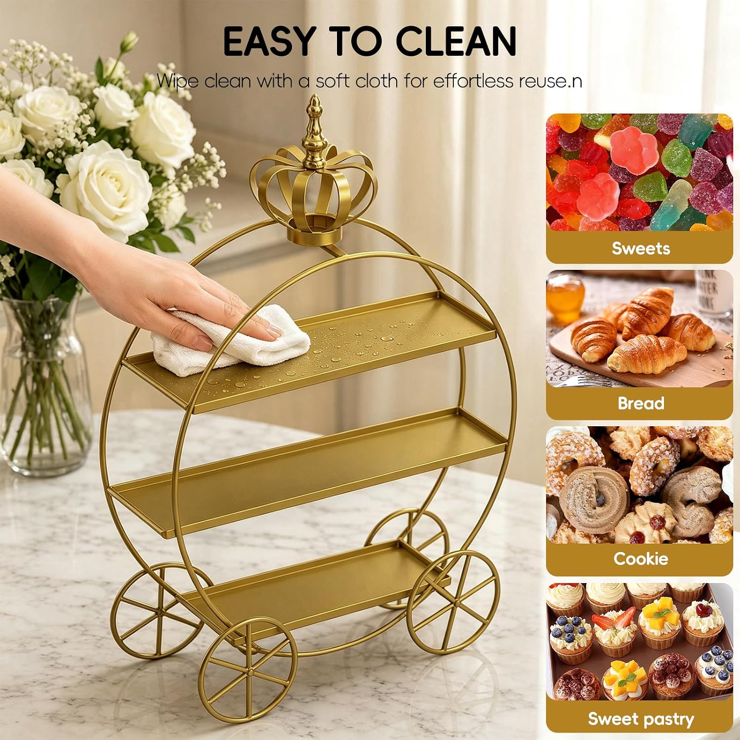 Gold Crown Pumpkin Cart 3 Tier Dessert Stand, Wrought Iron Cake Display Tray for Wedding Birthday Afternoon Tea Party, Decorative Tiered Serving Platter for Pastries Fruit Candy