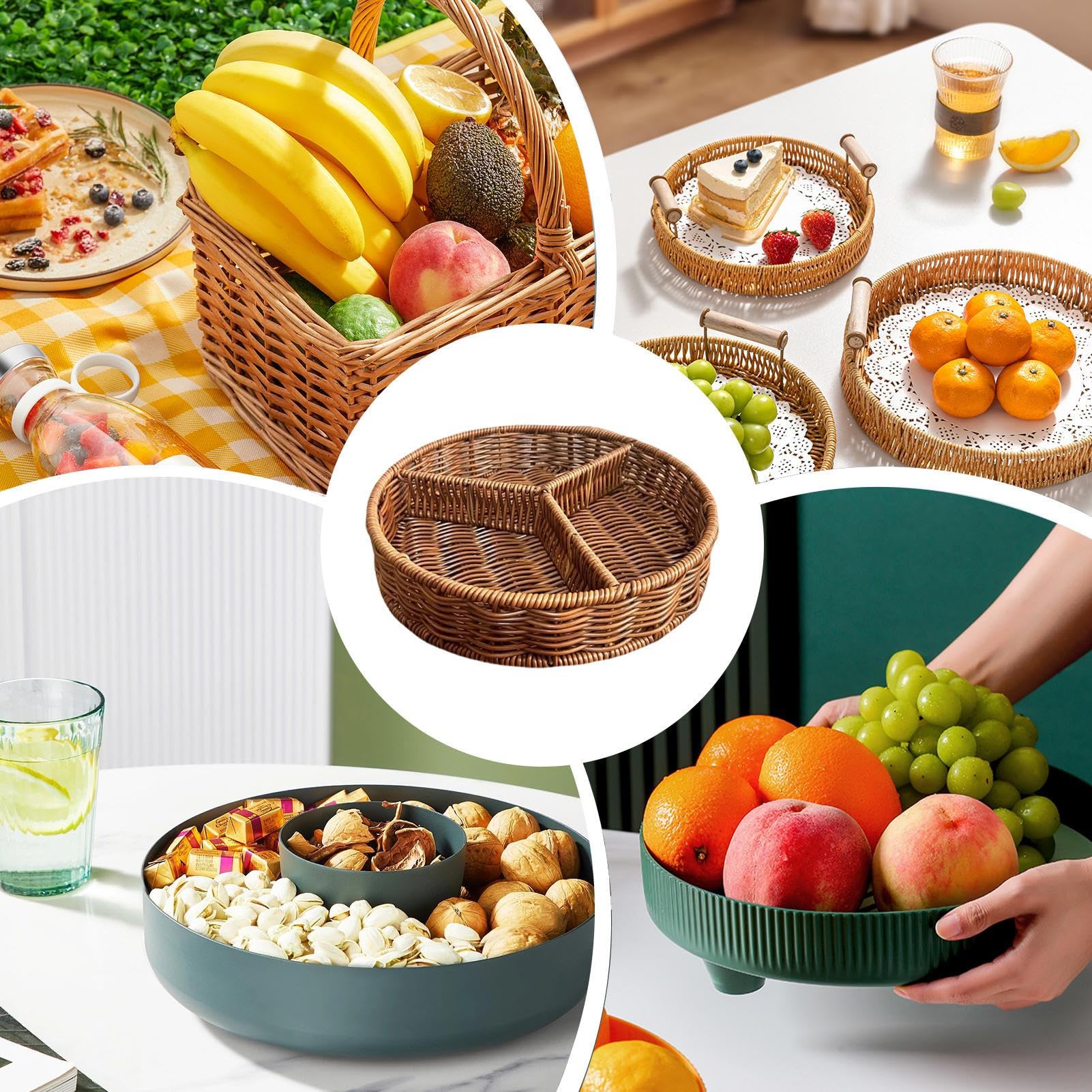 Runder gewebter Snack-Nizer mit 3 Fächern, Obst- und Nusskorb, dekoratives Tablett für Snacks, Süßigkeiten, Cracker und Obst, Aufbewahrungslösung für die Küche