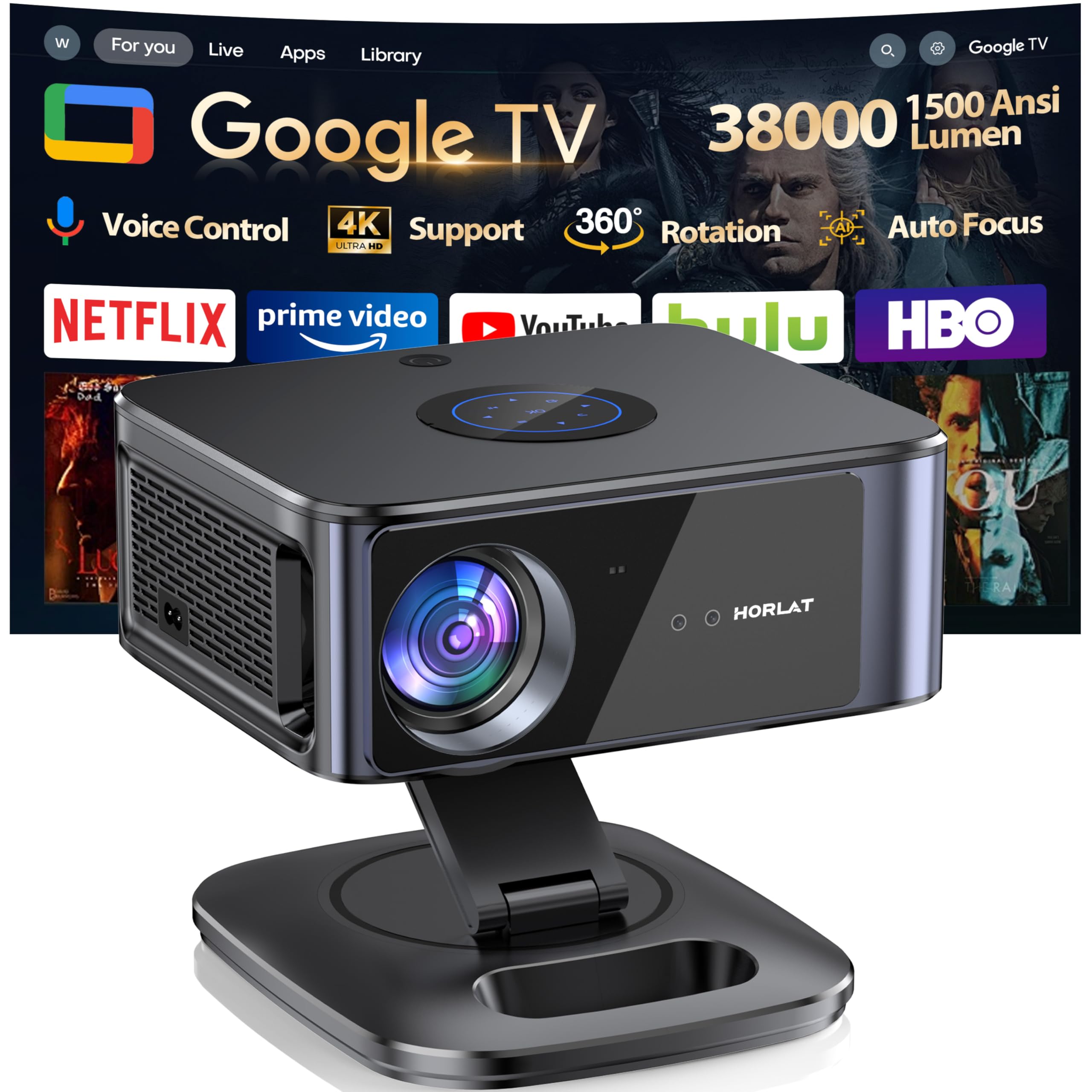 Proyector 4K【1500 ANSI/Google TV/Auto Focus】 Horlat 38000Lúmenes Proyector Portatil, Gira 360 °,Full HD 1080P Nativo, WiFi6 &Bluetooth 5.2, Control de Voz Projector en Casa/Exterior