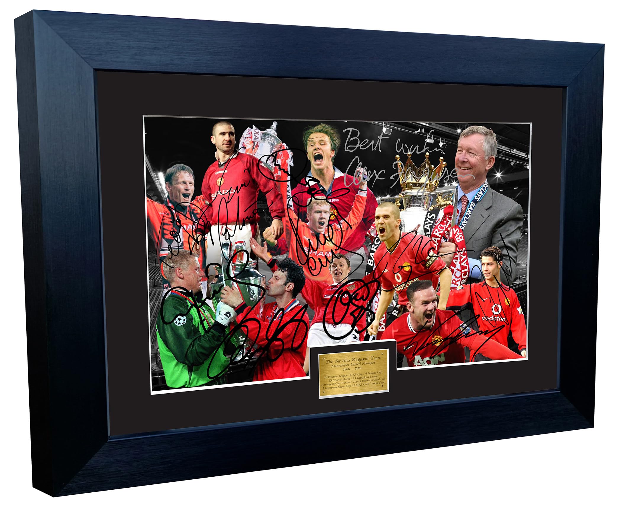 SIR ALEX FERGUSON YEARS Manchester United Autograph Signed Signature Photograph Photo Picture Frame Football Soccer Gift Beckham Giggs Cantona Keane Ronaldo Rooney (Black Frame With Black Mount, A3+)