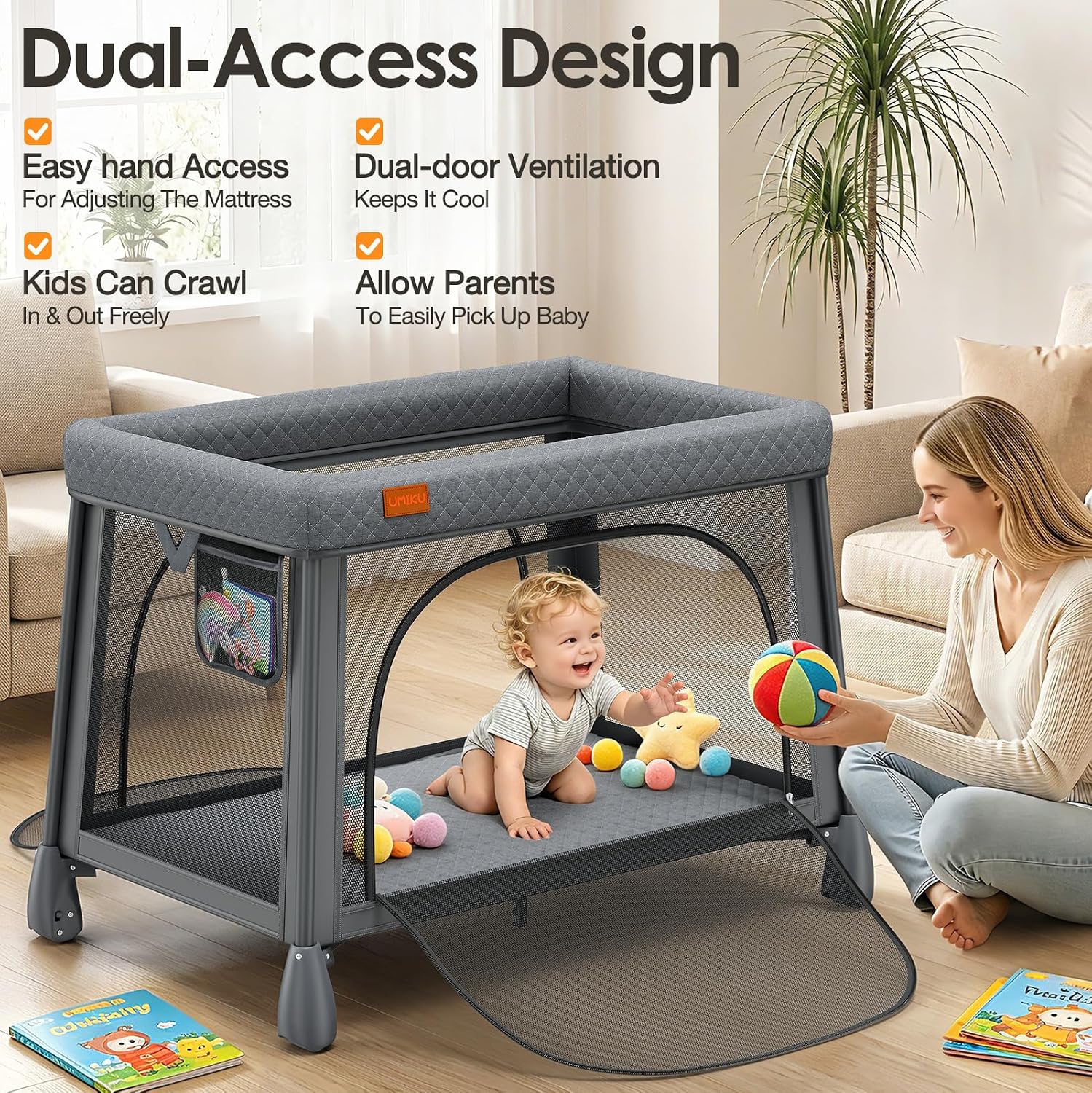 UMIKU Travel Pack and Play Baby Travel Crib with Bassinet, Extra Large Foldable Portable Baby Playpen with Mattress & 2 Zipper Access, Portable Cribs Play Pen Babies Essentials Travels Bed Grey
