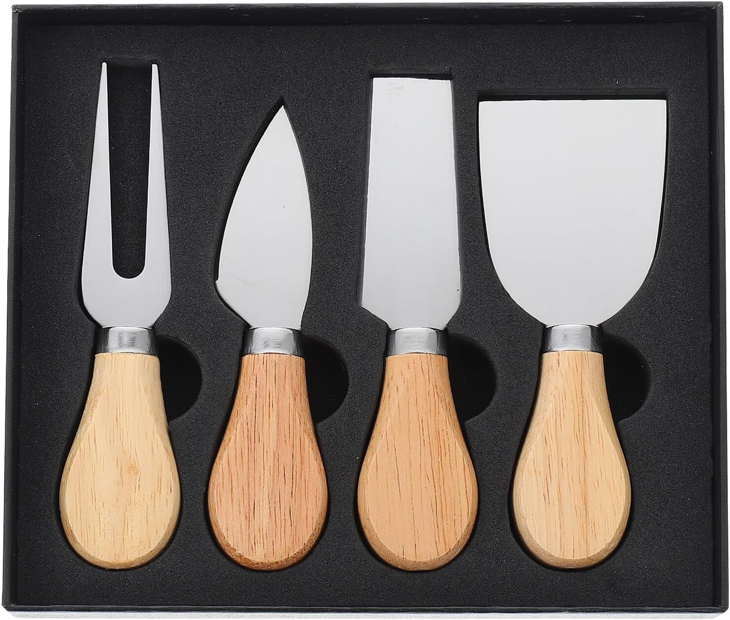 NUOBESTY 4pcs Stainless Steel Cheese Knife Set with Oak Wood Handle Including Cheese Fork Butter Spreader for Charcuterie Board and Kitchen Dining