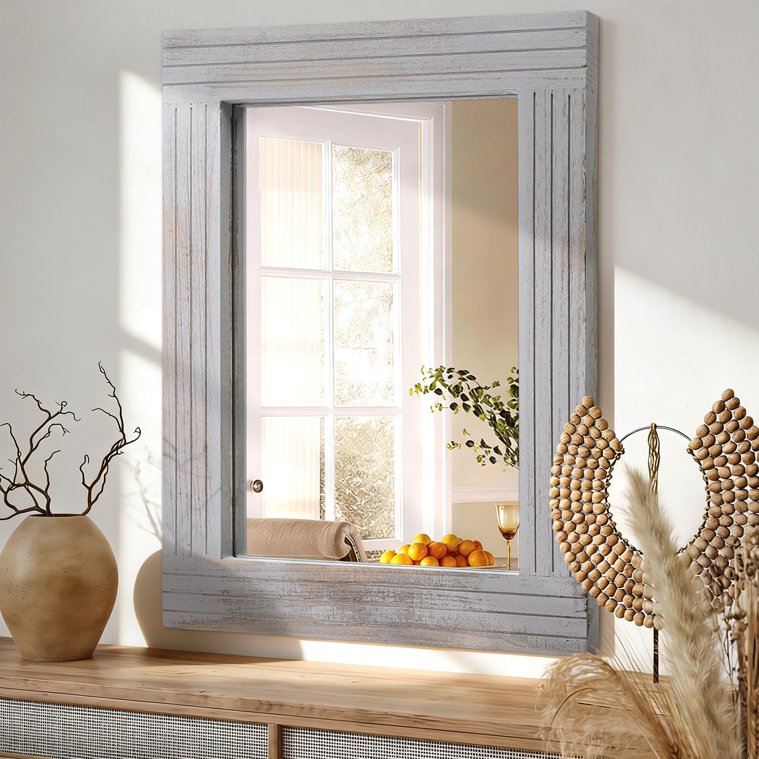 HLFMVWE Large Rustic Wall Mirror, Rectangular Vintage Wood Framed Large Mirror Decor Farmhouse Living Room Bathroom Bedroom Entrance Light Gray 45x65cm