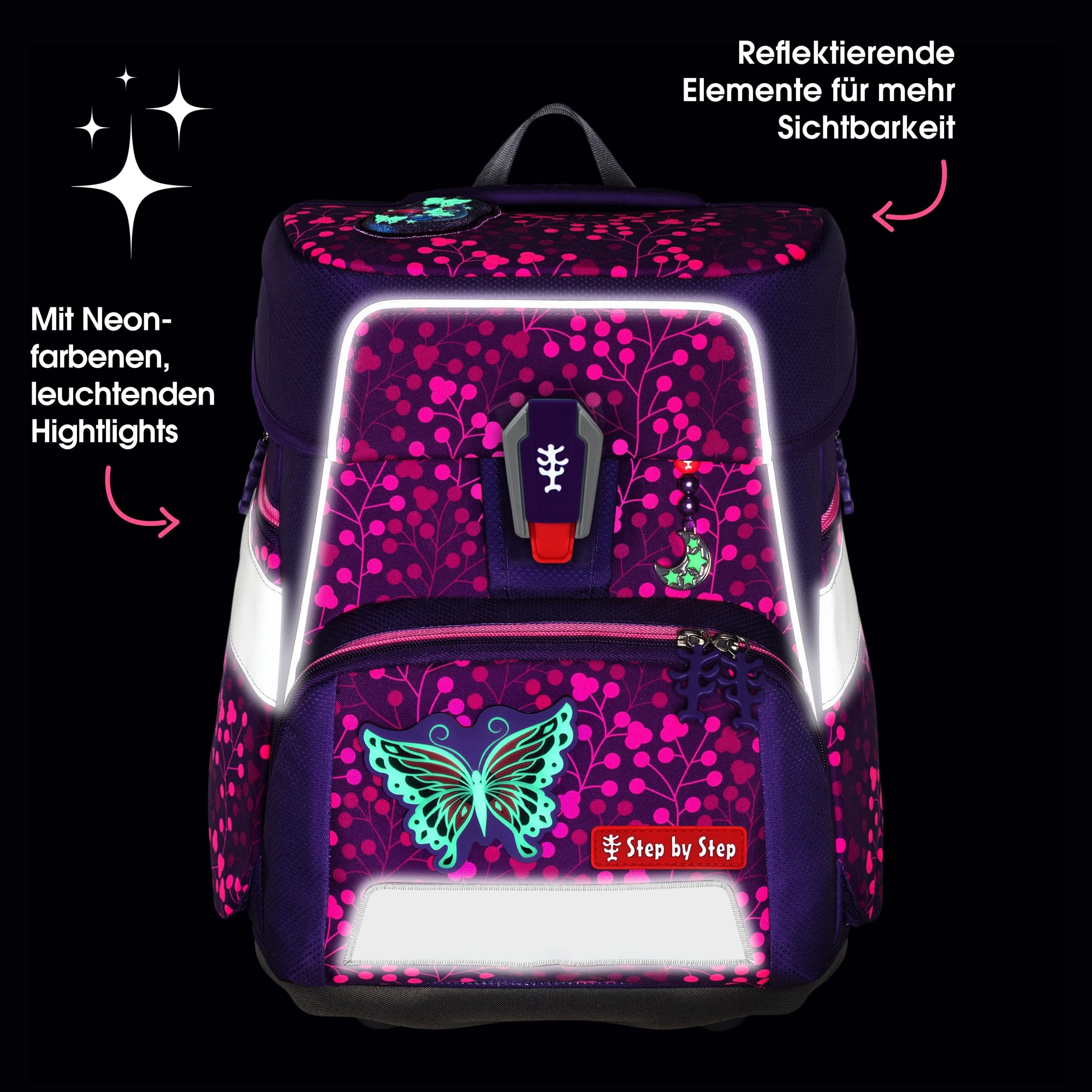 Step by Step Schulranzen-Set Space Shine Butterfly Night Ina, 5-teilig, lila, ergonomischer Tornister mit Reflektoren, höhenverstellbar mit Hüftgurt, ab der 1. bis 4. Klasse, 20l