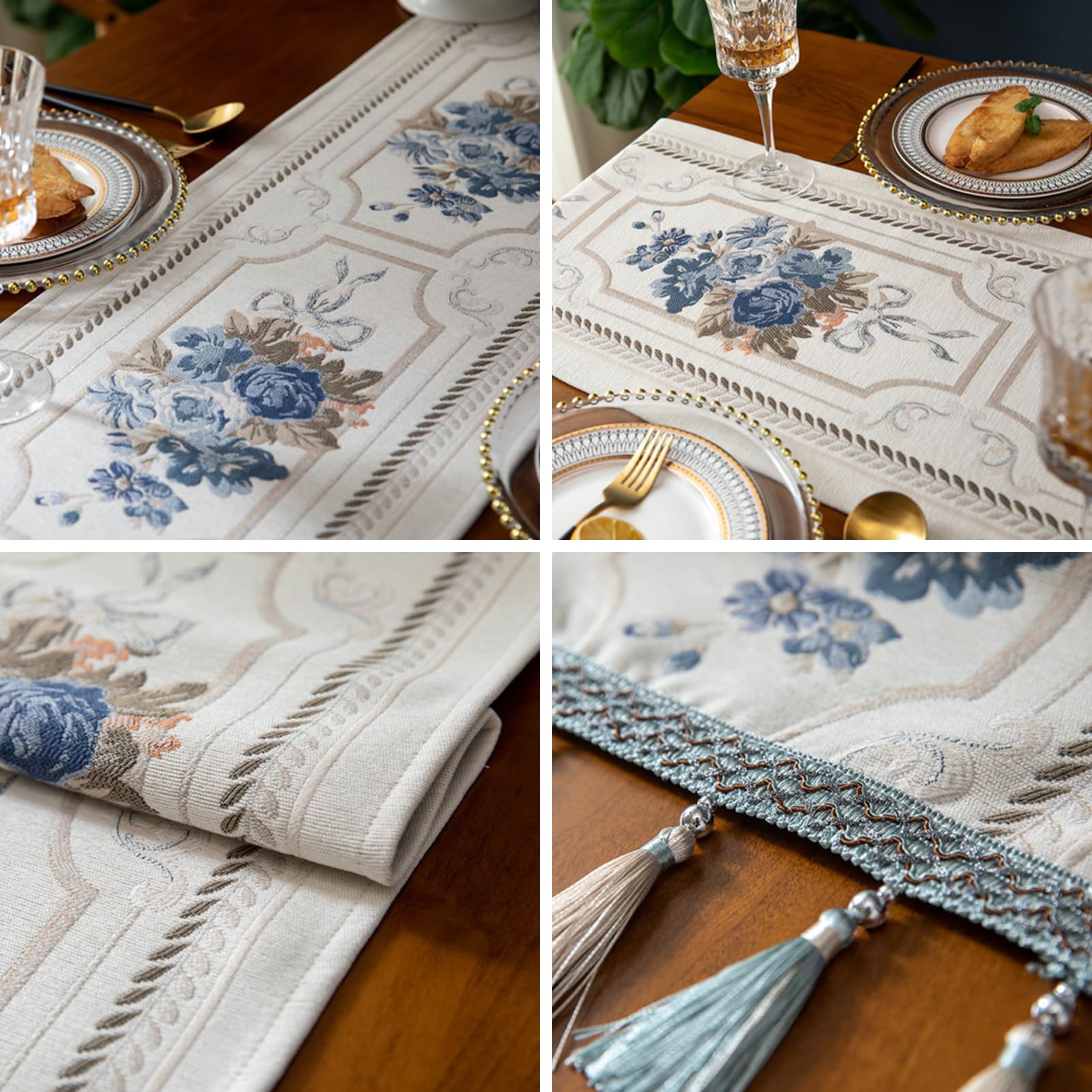 Luxus Tischläufer mit Multi-Quasten, Lange Elegante Stickerei Jacquard Tischläufer Kommode Schal für Esszimmer Party Bankett Couchtisch, Weiß, 32x300cm
