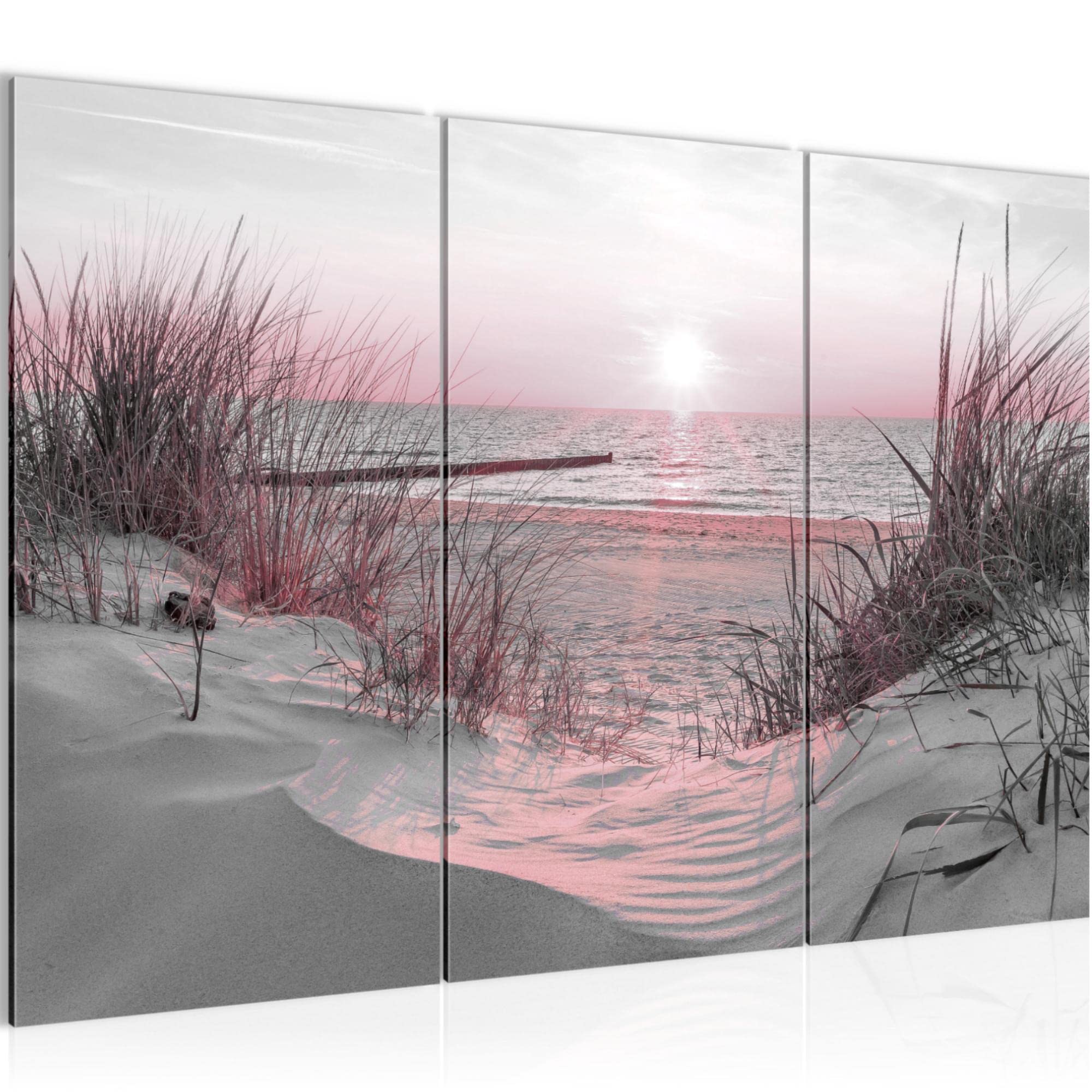 Runa Art Beach B Beach Sunset Canvas Wall Art For Living Room Xxl Pink Grey Sea Nature 120 X 80 Cm 3 Pieces Wall Decoration 041731B
