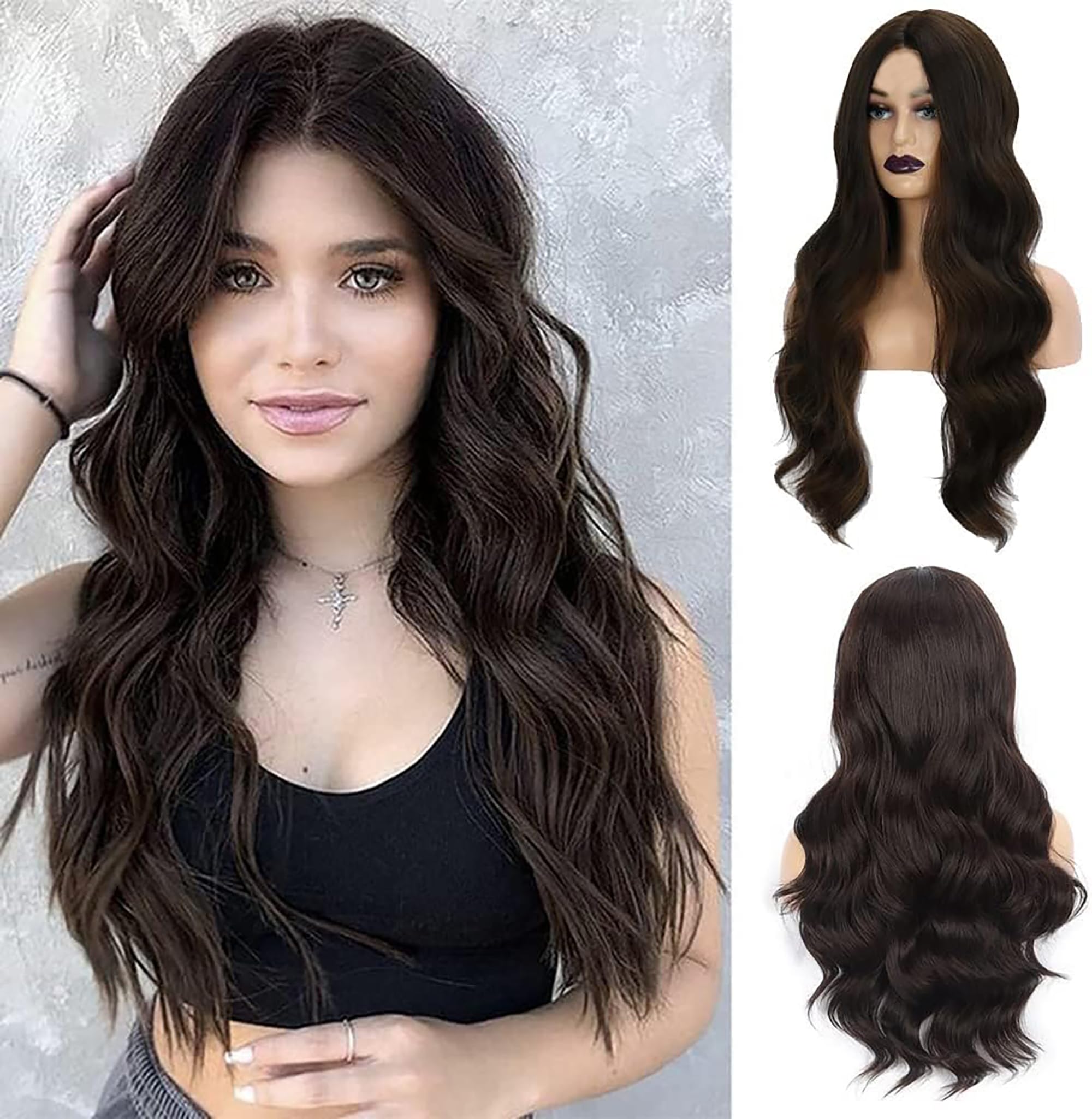 Long Dark Brown Wavy Wig 26 Inches for Women Natural Blackish Brown Wig for Party, Cosplay, Halloween, Wedding-image-13
