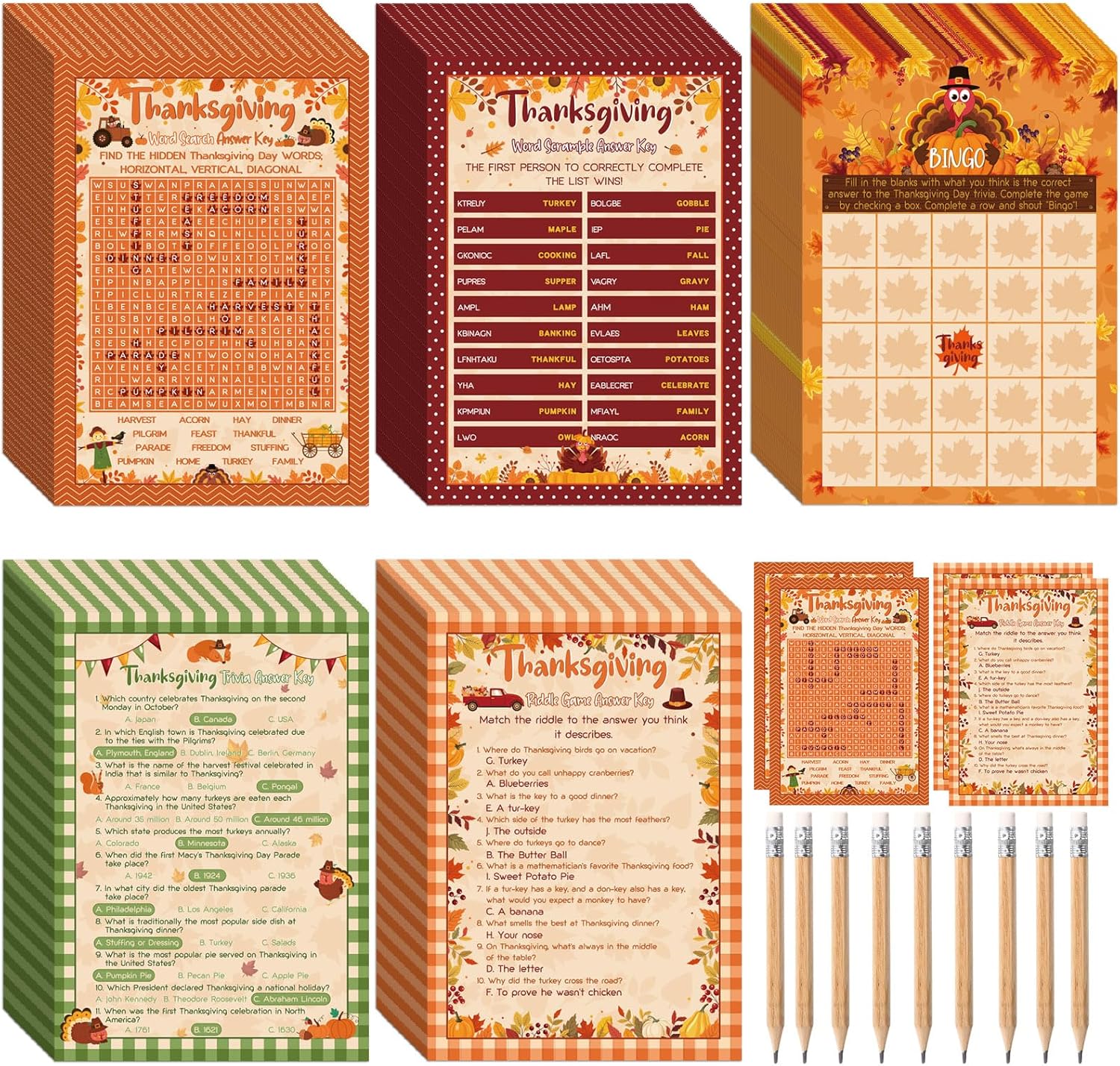 Pasimy 149 Pcs Thanksgiving Party Games 25 Players Thanksgiving Word Search Scramble Bingo Card Trivia Game for Fall Family Activities Party Game Supplies