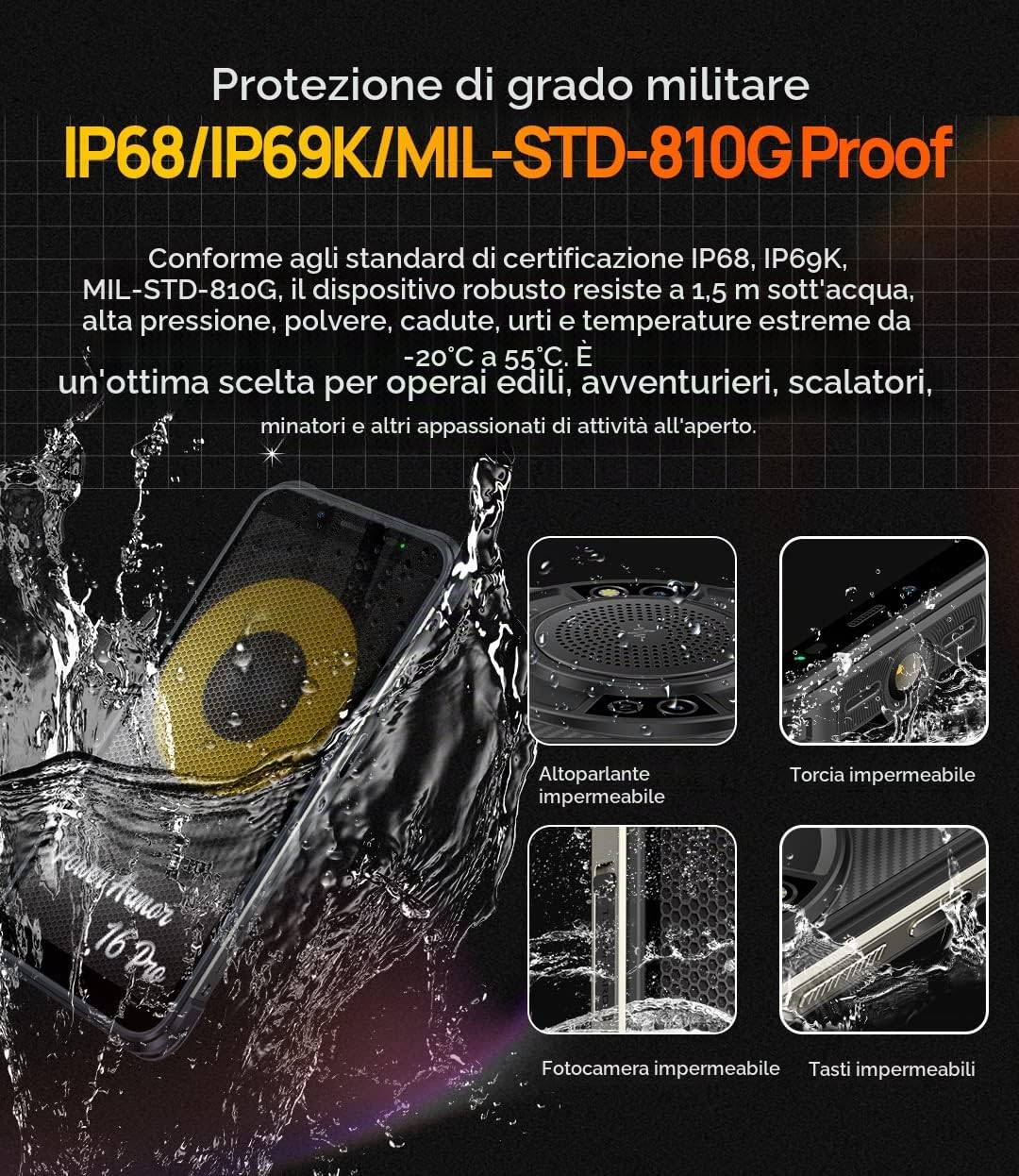 Smartphone Rugged Ulefone ARMOR 16 PRO Android 12, Altoparlante 122dB, 9600mAh Batteria, Torcia Antiriflesso, Fotocamera 16MP+8MP, 4GB+64GB, 5,93" IP68 Cellulare Robusto, Slot Per 3 Schede, Arancia