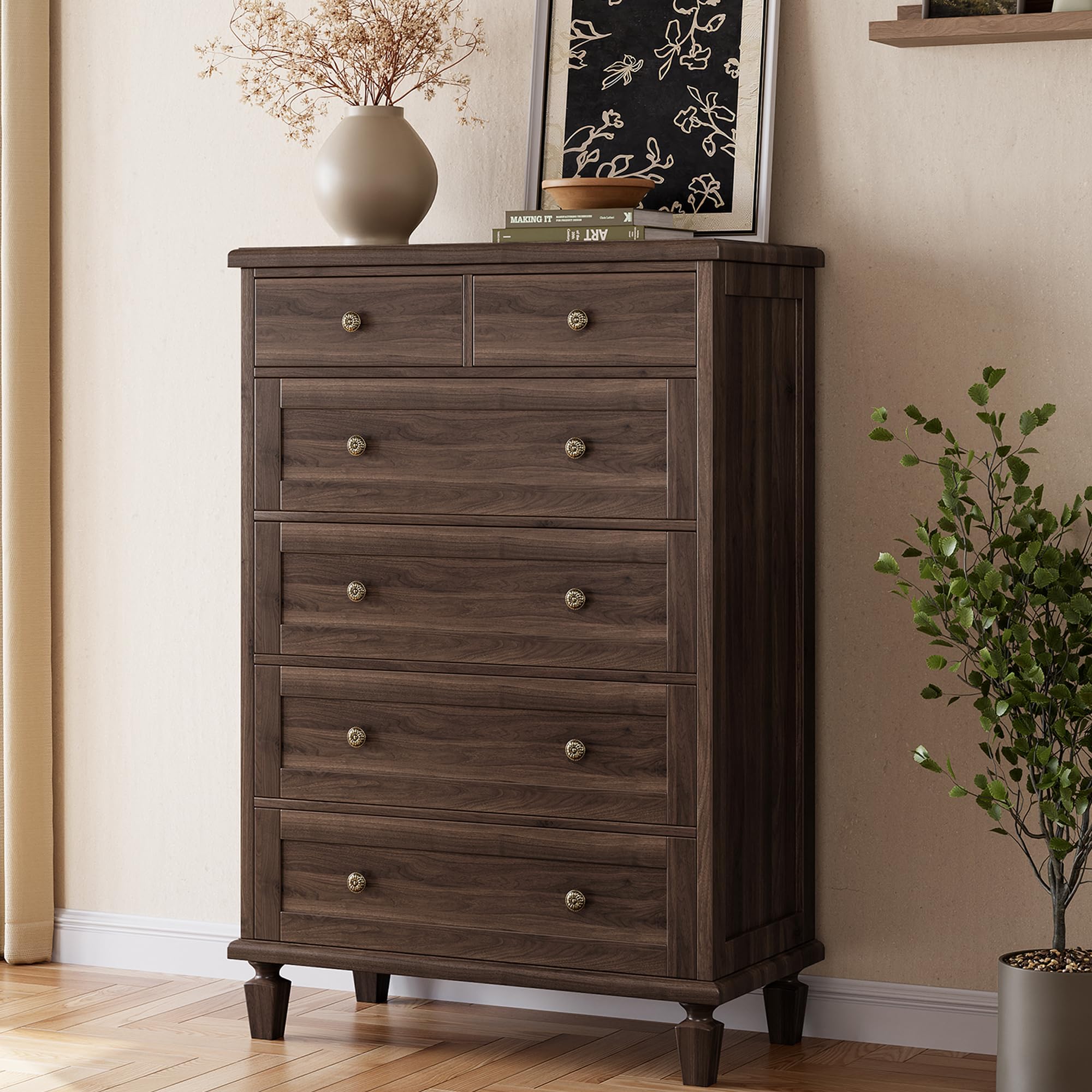 Garvee 47" Tall Dresser for Bedroom, Vintage 6 Drawer Dresser with Carved Handles and Tapered Legs Design, Wood Chests of Drawers with Large Capacity