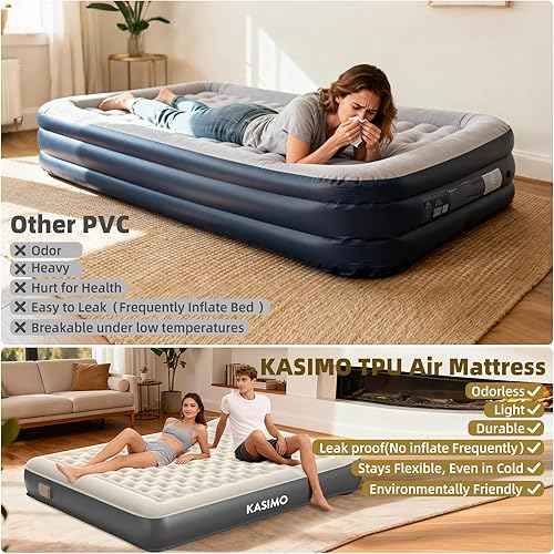 Miniatura 2 de Colchón de aire KASIMO Queen con bomba removible alimentada por batería incorporada, colchón hinchable de TPU con almohada, fuerte soporte toda