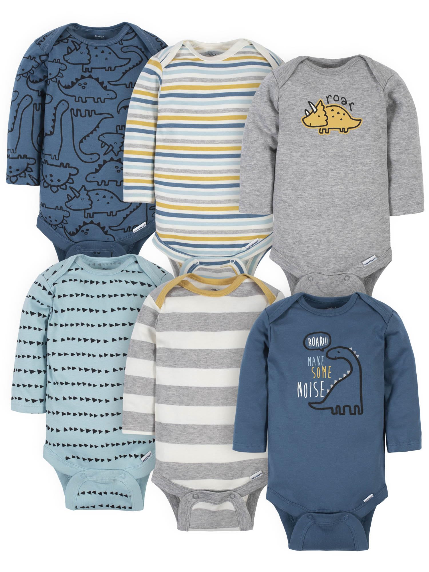 Gerber 6 Pack Baby Boys' Dinosaur Long Sleeve Onesies Bodysuits
