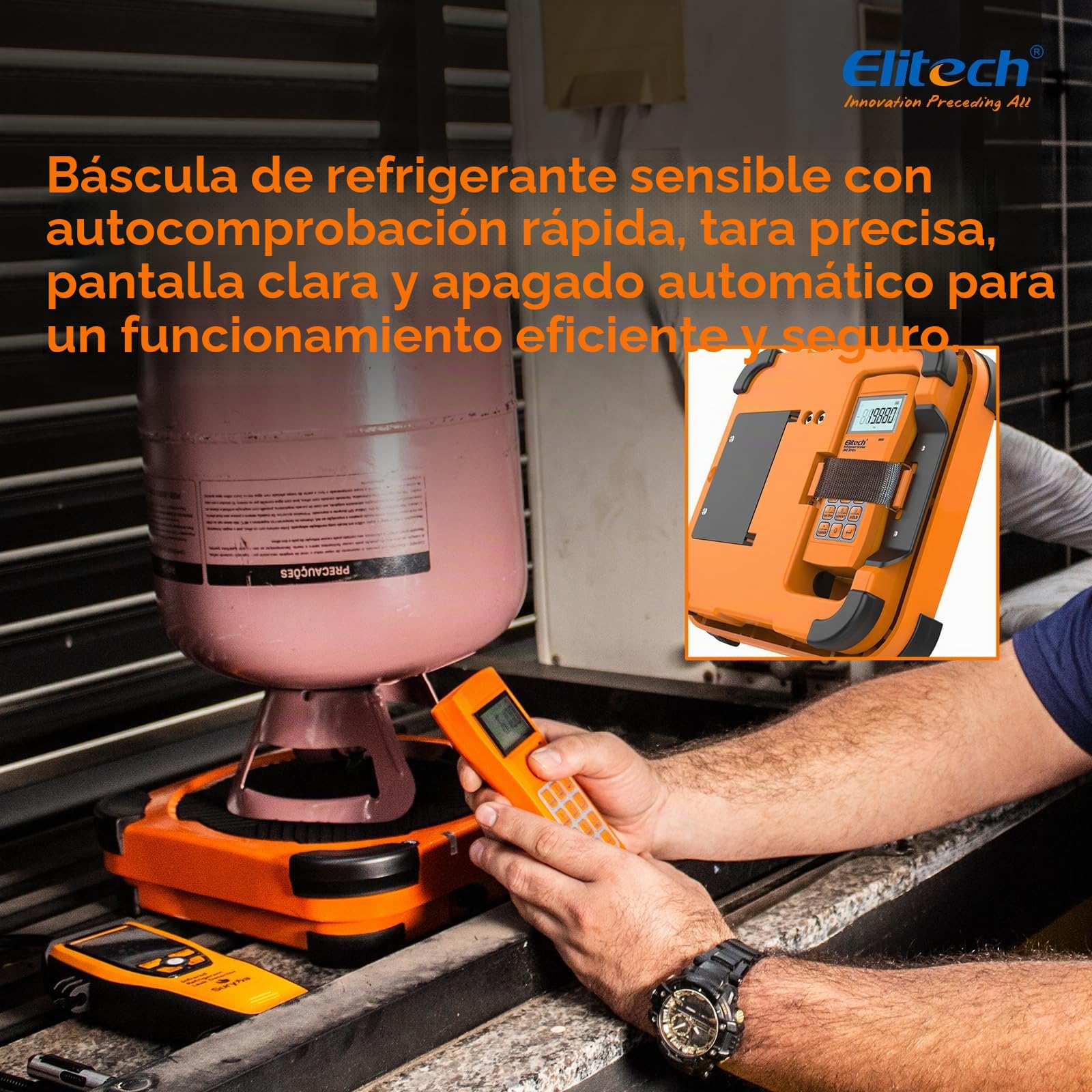 Elitech LMC-310 Báscula Electrónica Refrigerante, 100 KG Inalámbrica para Suministro de Combustible de Refrigerante Electrónico para HVAC y CA Estuche portátil