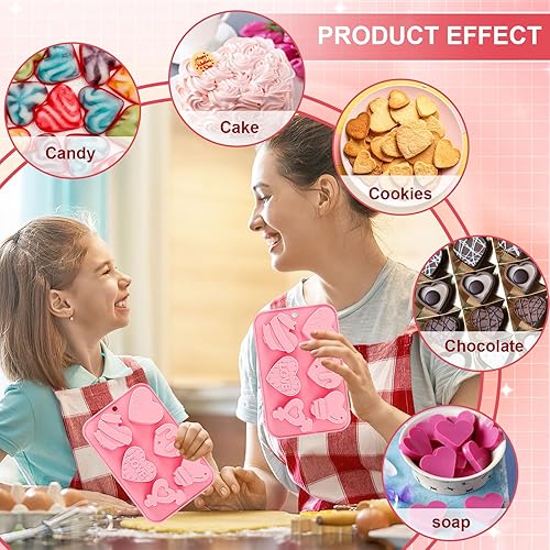 Miniatura 7 de UPINS Paquete de 2 moldes de silicona con forma de corazón, moldes de chocolate en forma de corazón para hornear el día de San Valentín, moldes