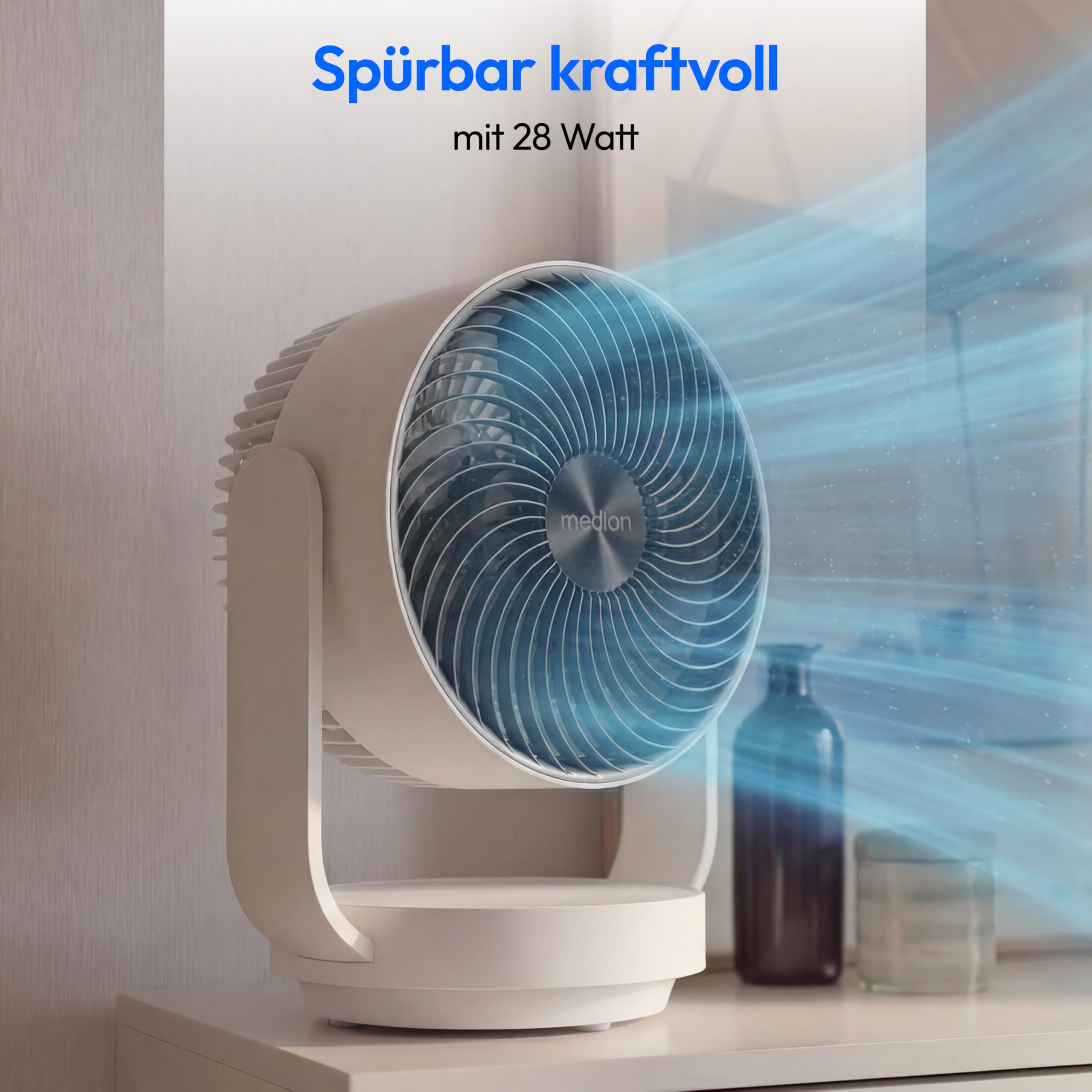 MEDION Tischventilator sehr leise P20 DF, 26 Dezibel, mit Fernbedienung, kraftvolle 7 Geschwindigkeitsstufen, oszillierend, horizontal & vertikal, Timer, Schlafmodus, für Schlafzimmer & Wohnzimmer