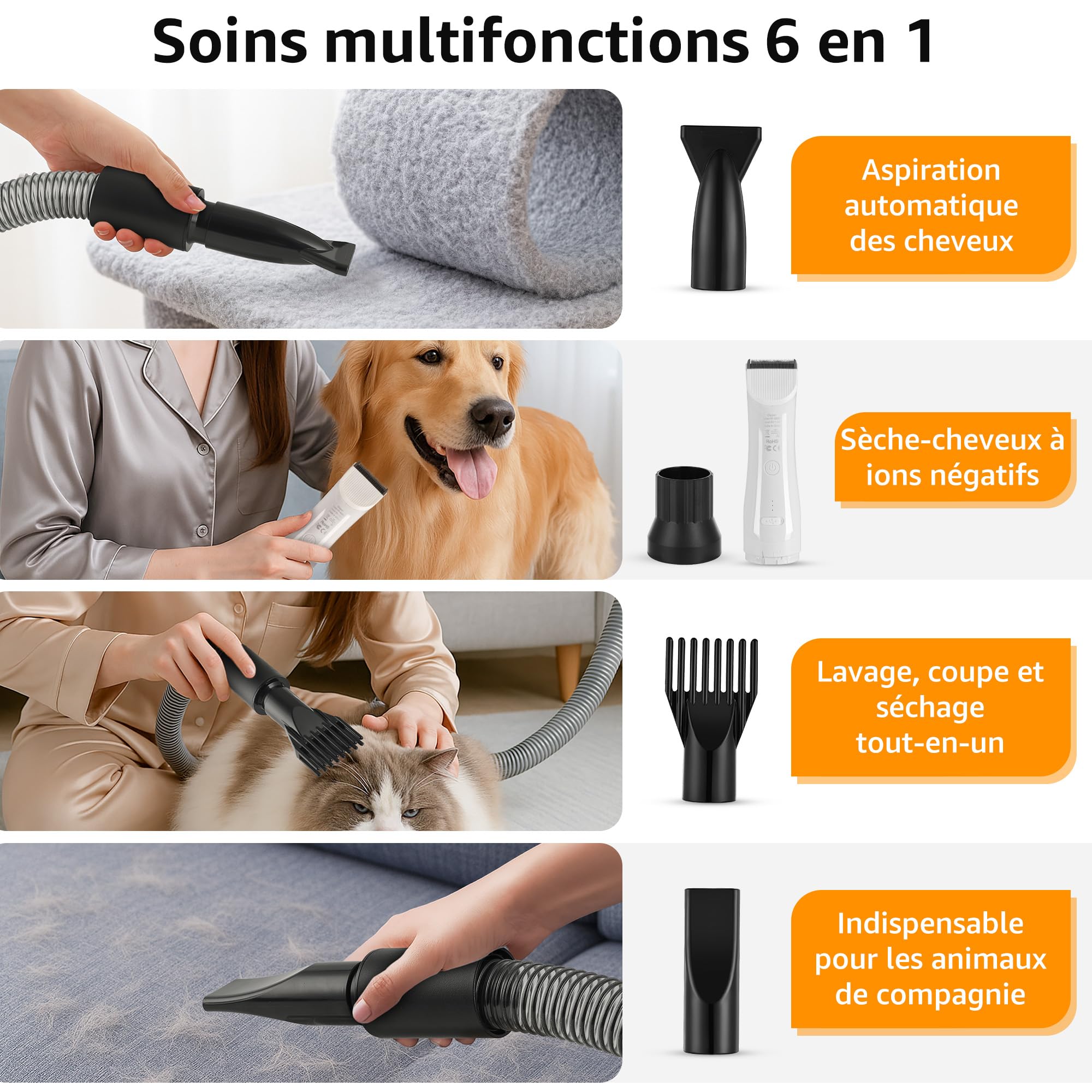 XKISS 2800W Tondeuse pour chiens avec aspirateur de poils d'animaux,6 en 1 Kit professionnel de toilettage pour animaux ，tondeuse pour poils de chien et aspirateur pour poils d'animaux