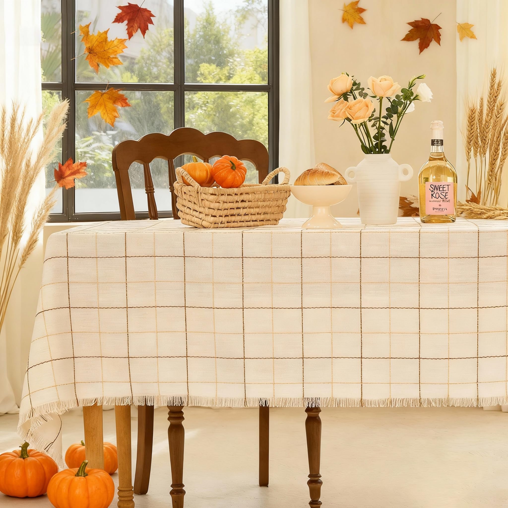 Midsummer Breeze Table Cloth Rectangle-Rustic Cotton Tablecloth Craft Fringed Farmhouse Table Cloths for Kitchen Dining (55x102 Inch, Cream Plaid)