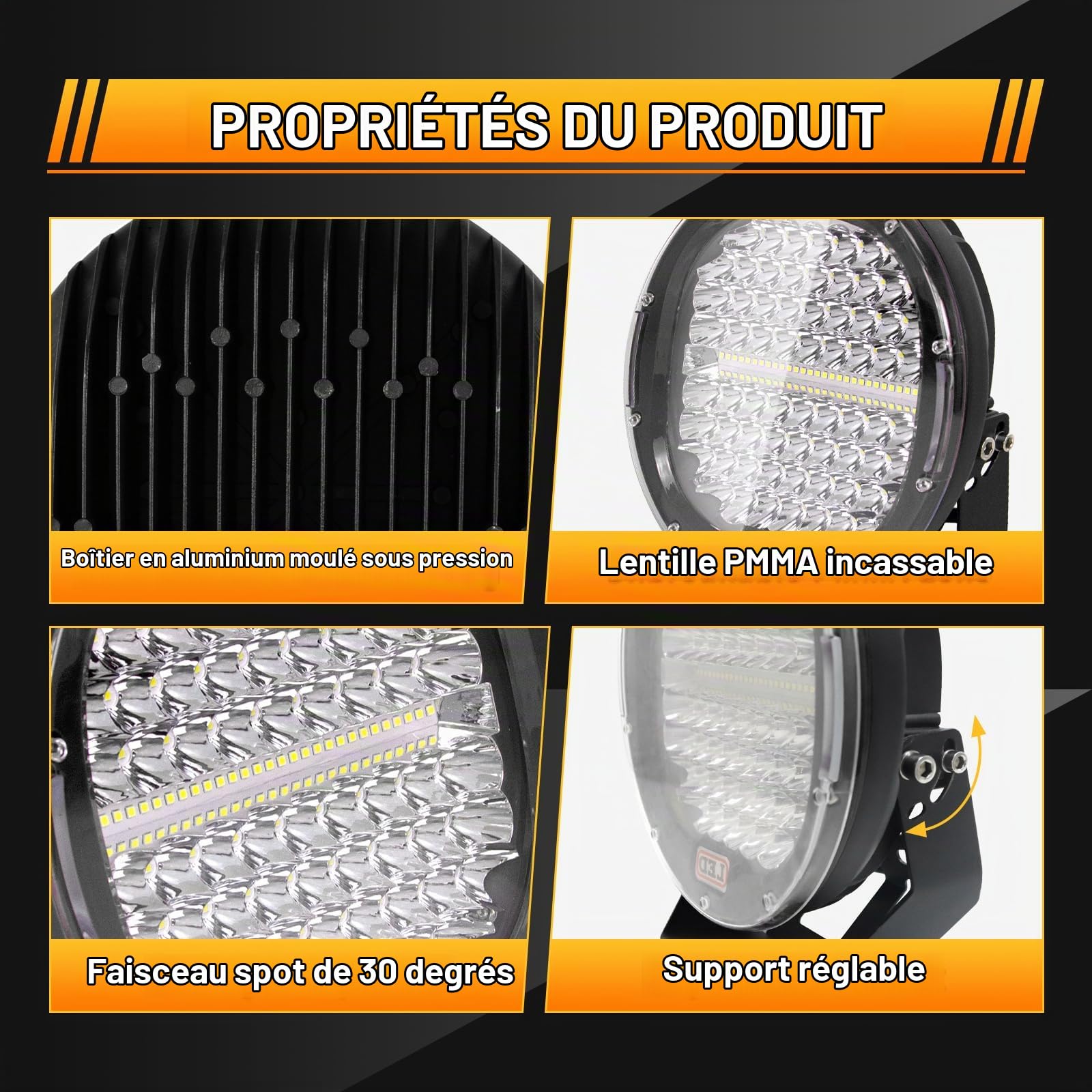 AUXTINGS 2 pièces 9 pouces 294W LED Pods Light Bar Noir Rond 24000Lm Étanche Spot Faisceau Led Lumière de Travail Hors Route Lumières Conduite Lumière pour Camion SUV ATV Tracteur Bateau