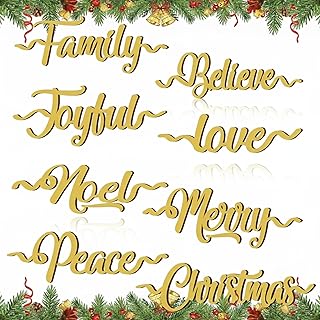 Suzile 24 Pcs Christmas Plate Wooden Letter Signs Merry Christmas Wooden Words Cutouts Wood Letter Place Card Signs Xmas Dinner Table Home Decor Include Family, Believe, Love, Noel (Turmeric)