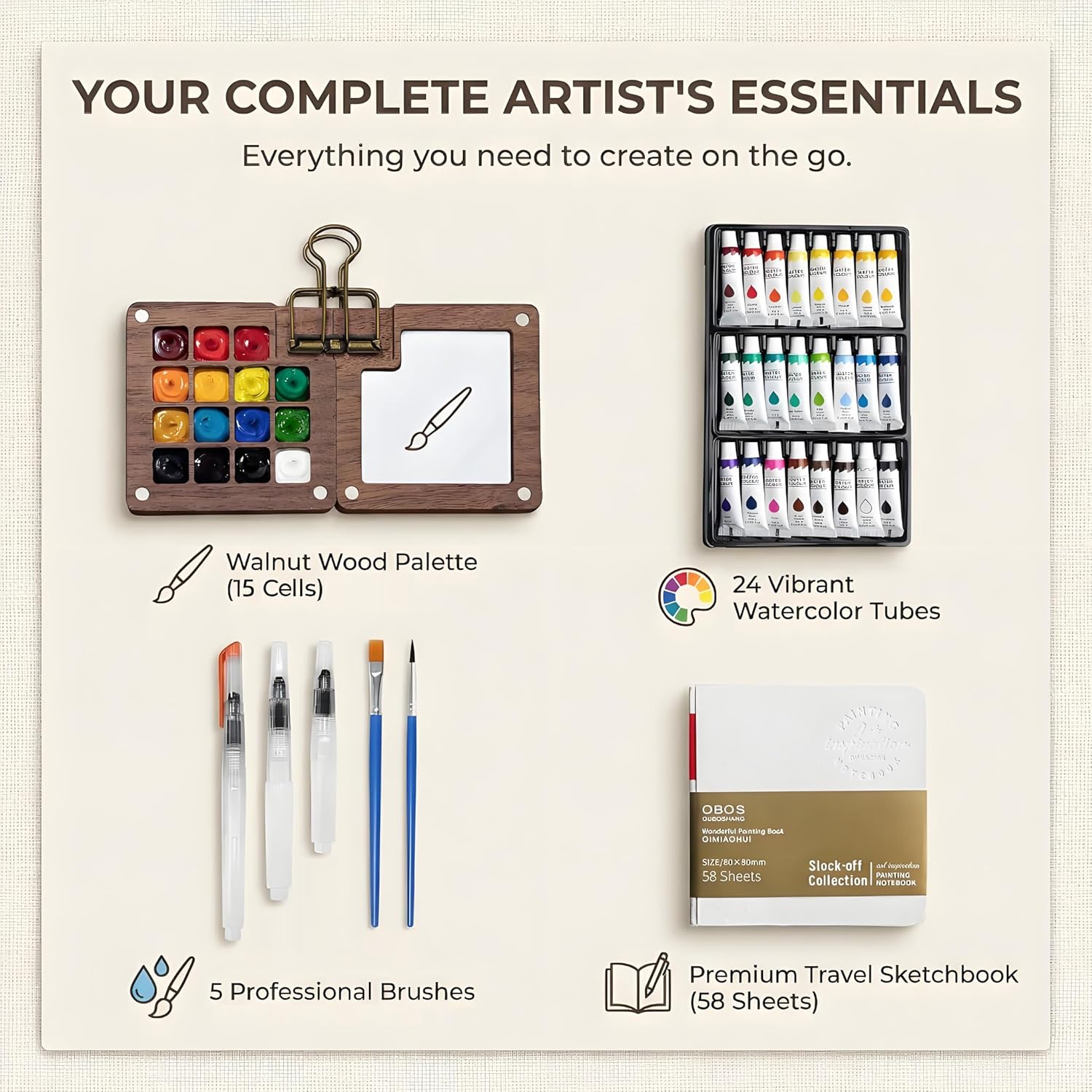 Watercolor Kit,New Mini Watercolor Paint Set, Pocket Watercolor Set with Paint, Brush, Sketchbook & Copper Clip, Travel Kit for Beginners, Artists & Painting Enthusiasts(Walnu -15 Grids)