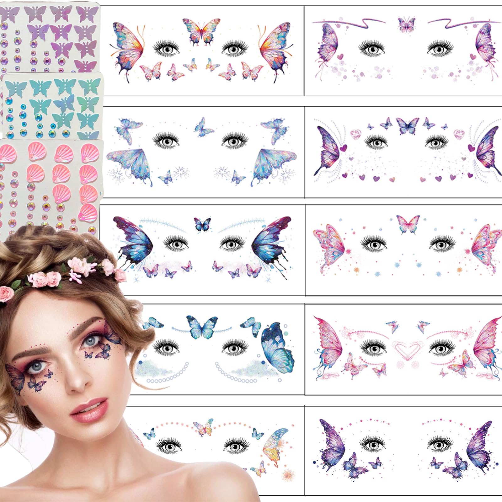 13 Sheets Glitter Eye Temporary Tattoos - Butterfly Flash Face Stickers with Conch Crystal Face Gems for Women & Girls - Birthday, Halloween,