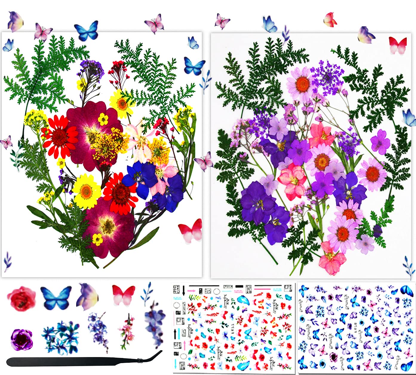 Yuiviot Real Dried Pressed Flowers and Butterfly Stickers（127pcs） Dry Leaves Bulk for Epoxy Resin Jewelry, Scrapbooking, Art Crafts, Candle, Soap Making, Nails Décor Accessories