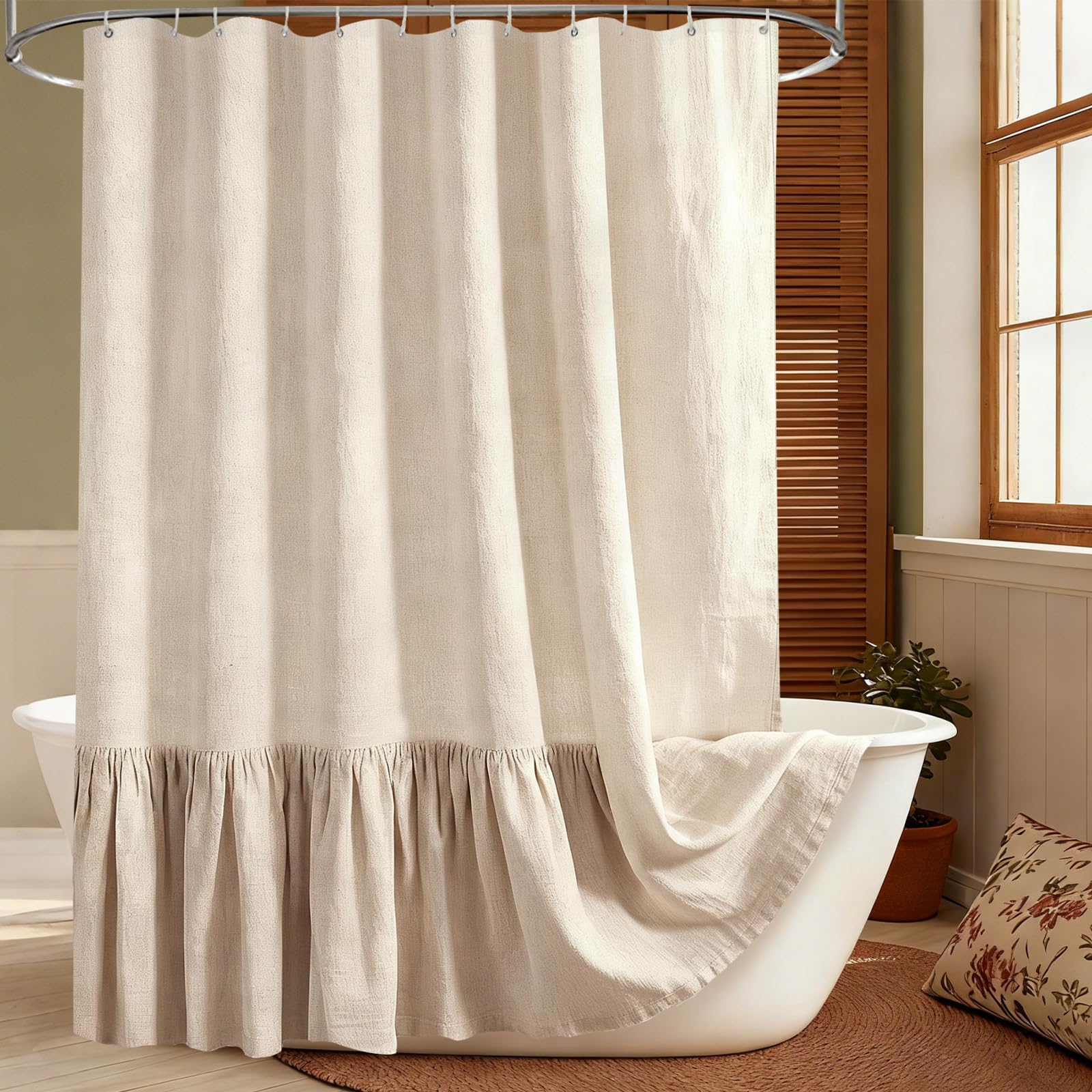 Tenda da Doccia in Lino Beige 180x200 cm – Impermeabile, Antimuffa e Antibatterica, Tessuto Pesante 180GSM con Orlo Zavorrato, Lavabile Tenda da doccia, con 12 Ganci per Bagno