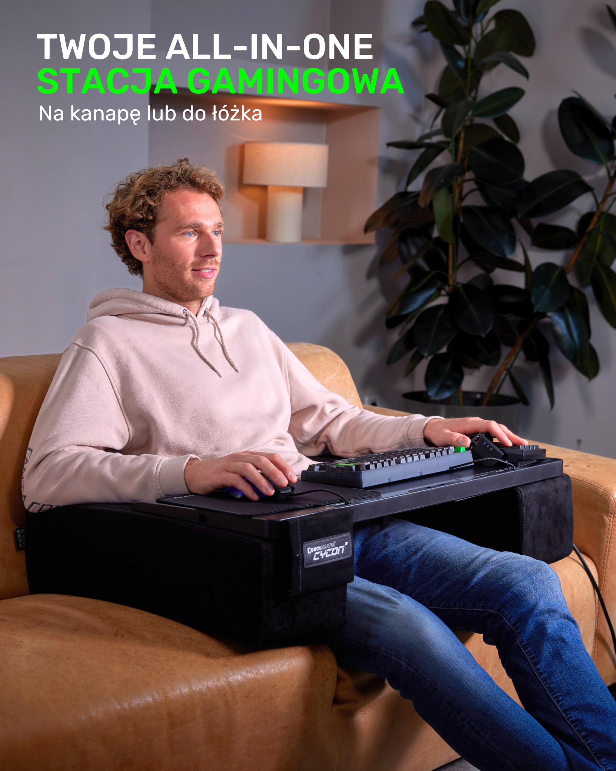Couchmaster CYCON³ Czarny z HORIZONLIGHT – Ergonomiczny Gaming Lapdesk do kanapy i łóżka – Lapboard z koncentratorem USB – Duży i stabilny (PC, PS4/5, Xbox One/Series X, laptopy)