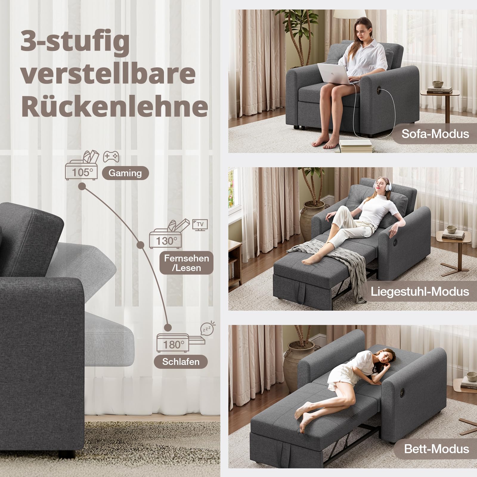 Schlafsofa 190×84cm mit USB & Typ-C-Anschluss, 3-in-1 Schlafsessel, Sofa Bett, Verstellbare Rückenlehne, 3 Winkel, Mit Seitentasche, Ideal für Wohnzimmer Wohnungen, Grau