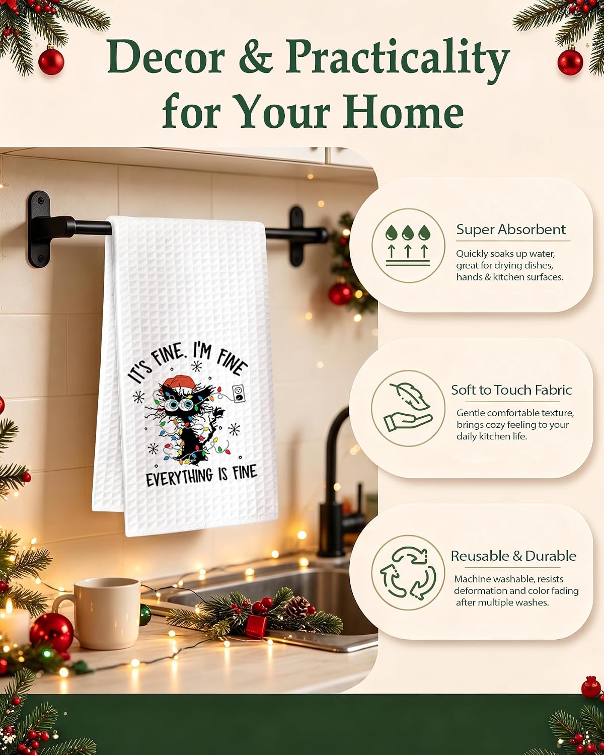 Funny Cat Christmas Decor Kitchen Towel, Gifts for Cat Lovers image 4