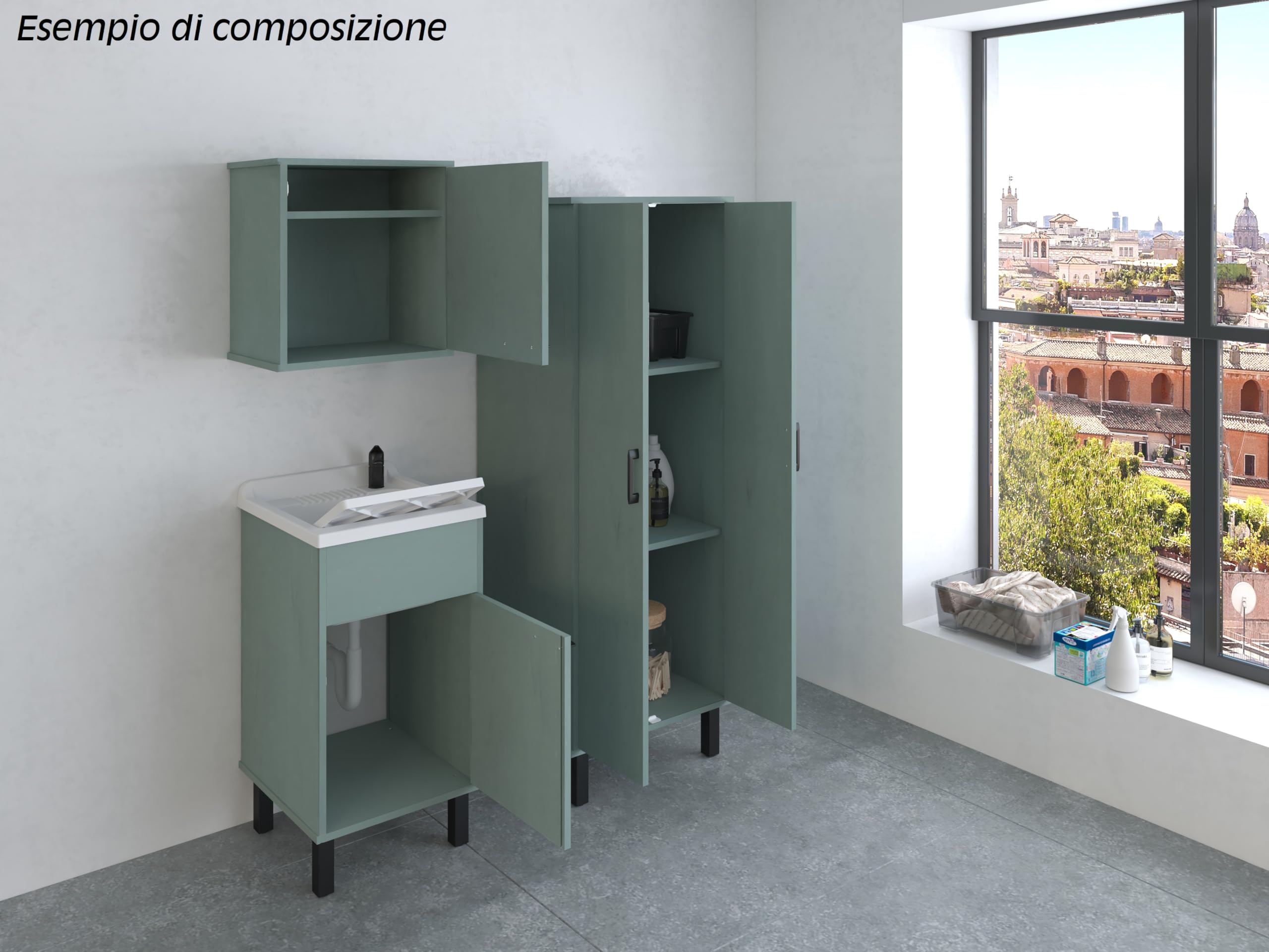 Negrari Mobile Lavatoio in PVC con vasca in PP, Resistente agli acidi di uso comune, Resistente all'umidità, Kit di scarico incluso, Interno e Esterno, L45 x P50 x H85 cm, Colore Verde Scuro
