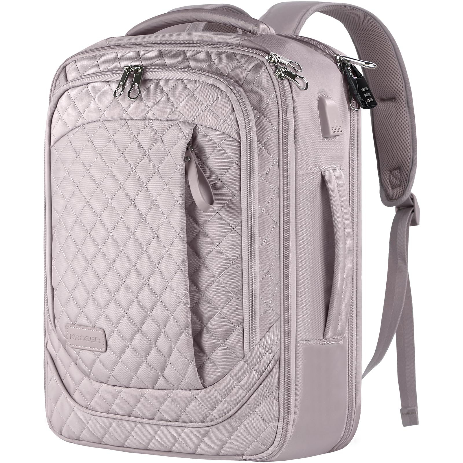 KROSER Laptop Backpack Large Computer Carry On Backpack Fits up to 17.3 Inch Laptop with USB Charging Port Water-Repellent Travel Backpack Casual Daypack for Business/College/Women/Men-Dusty Pink