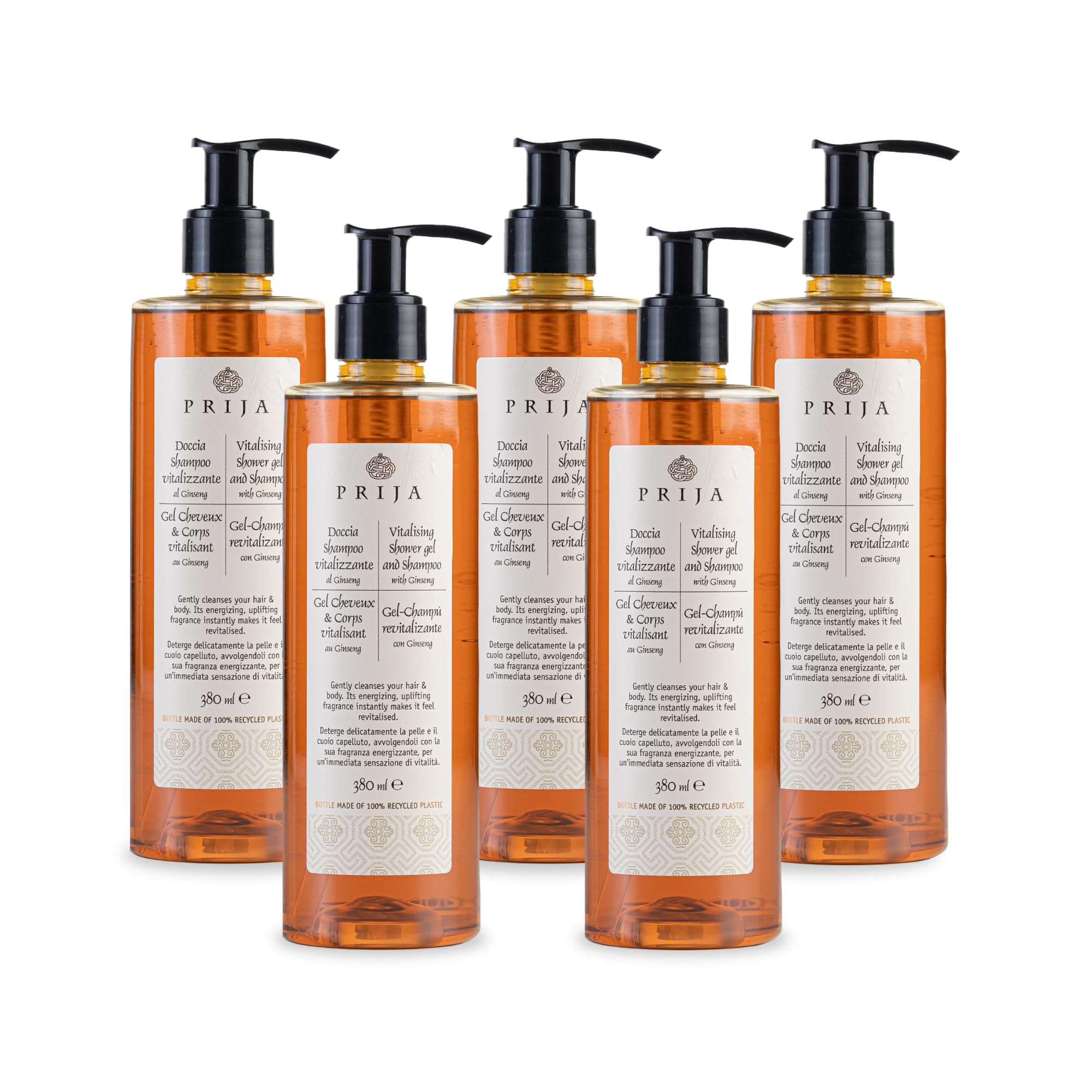 Prija Vitalising 2 in 1 Shower Gel and Shampoo with Ginseng Extract, Hydrating and Energising Hair and Body Wash Gel with Pump Dispenser, Luxurious Shower Gel 5 x 380ml