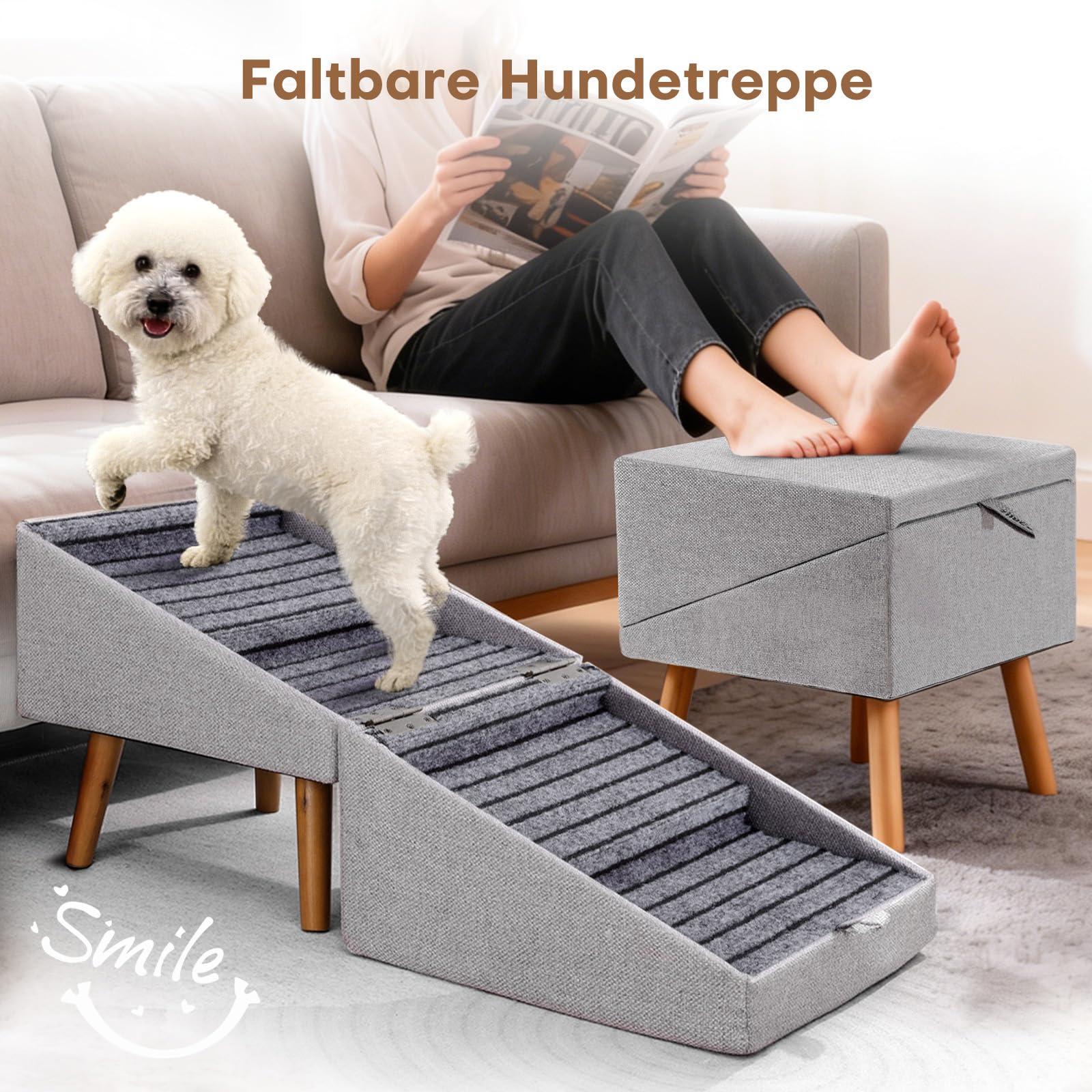 Hunde Treppe für kleine Hunde und Katzen für Couch und Bett, Klappbare 2-in-1 Holz Haustier Schritte für Welpen, Split Ottoman Design (Hellgrau-43,5 cm hoch)