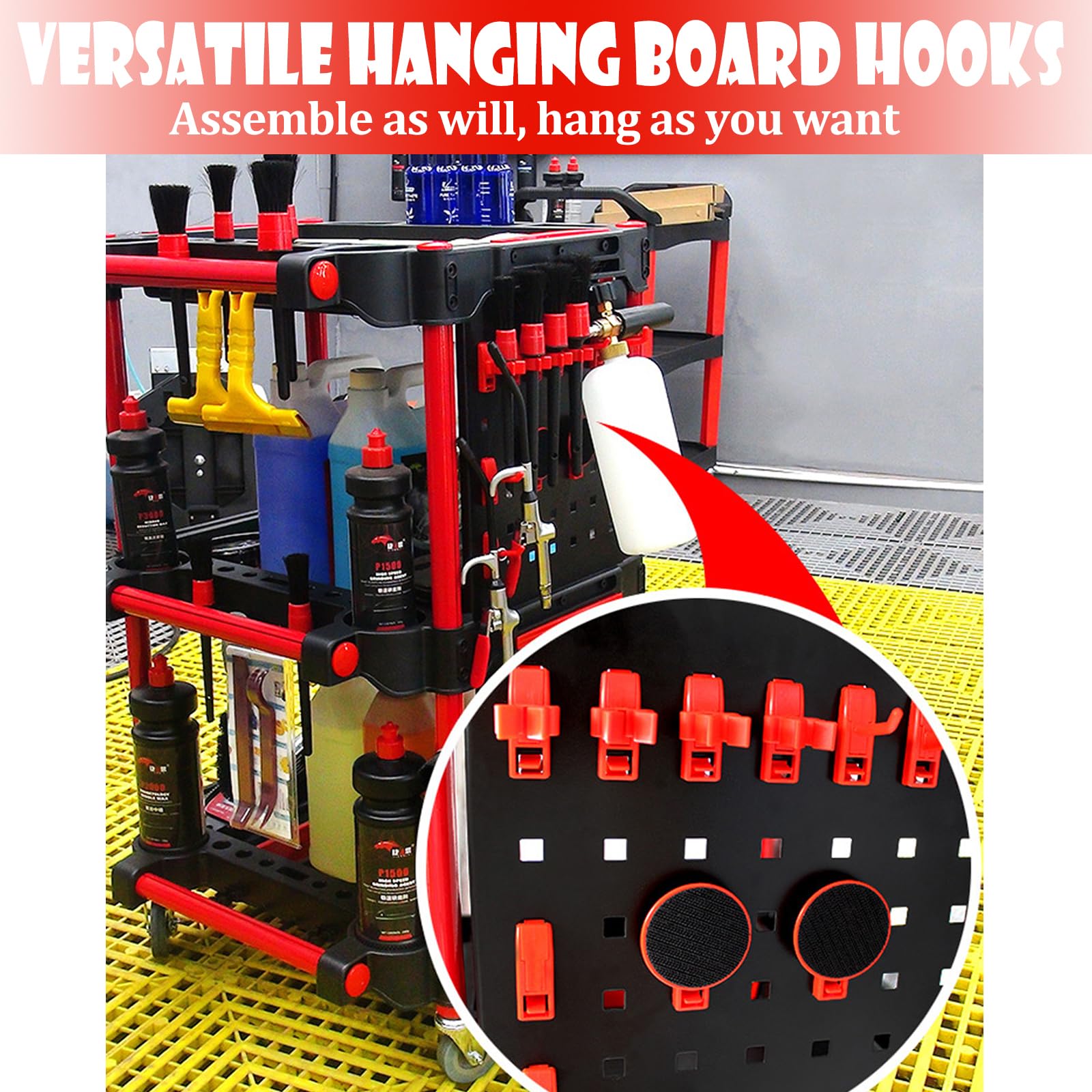 Werkzeugwagen auf Rädern, 200 kg Tragkraft, 3-stöckiger Rollwagen mit feststellbaren Rädern, 2 abnehmbare Stahl-Lochplatten + 2 Sprühflaschen + 3 Detailing-Bürsten + 2 Autowaschhandschuhe für Garage