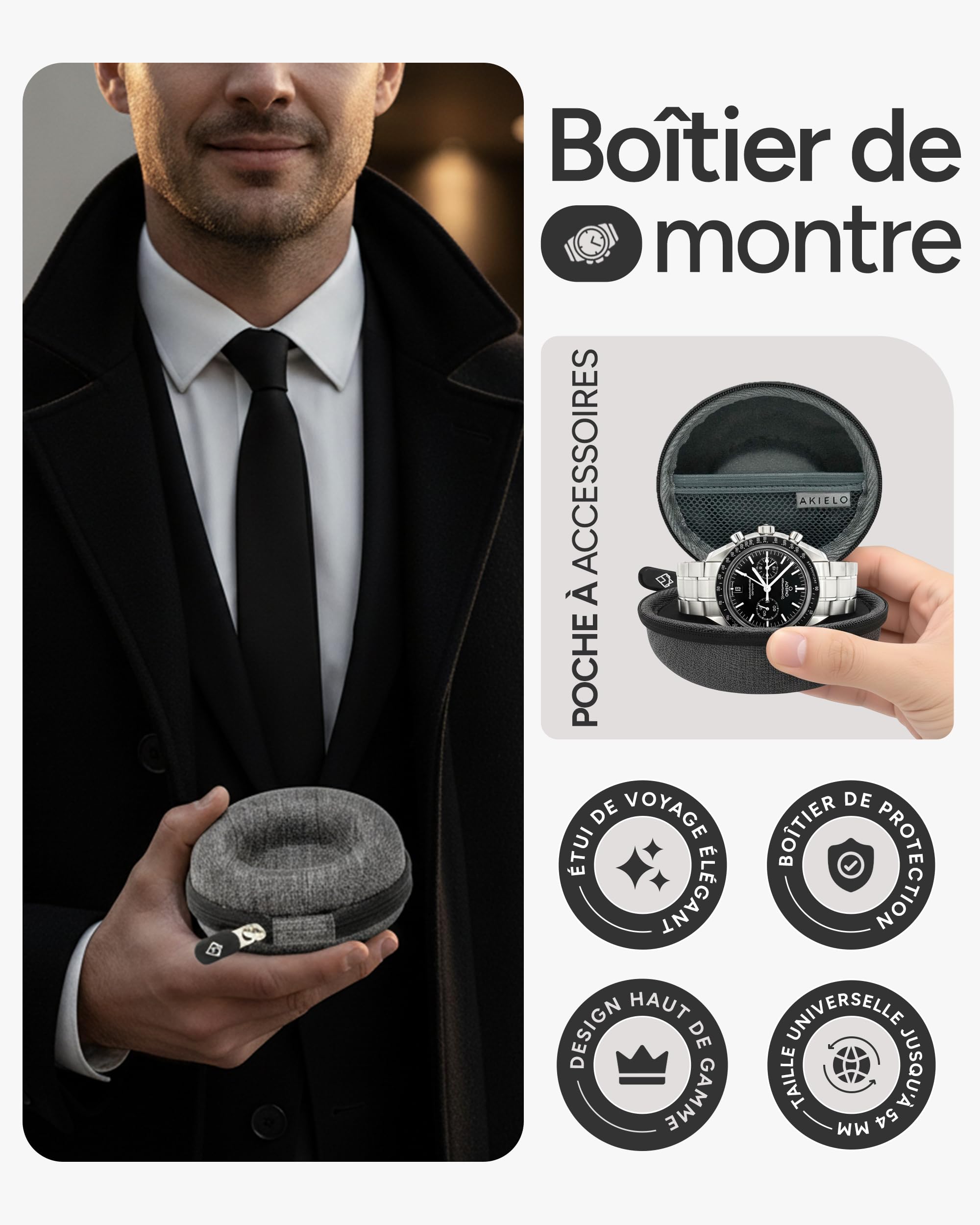 AKIELO Boîte pour Montre – Étui de Voyage pour Montre avec Chiffon de Nettoyage et Coffret Cadeau – Convient aux Montres-Bracelets et Montres Intelligentes pour Hommes et Femmes jusqu'à (Gris Charbon)