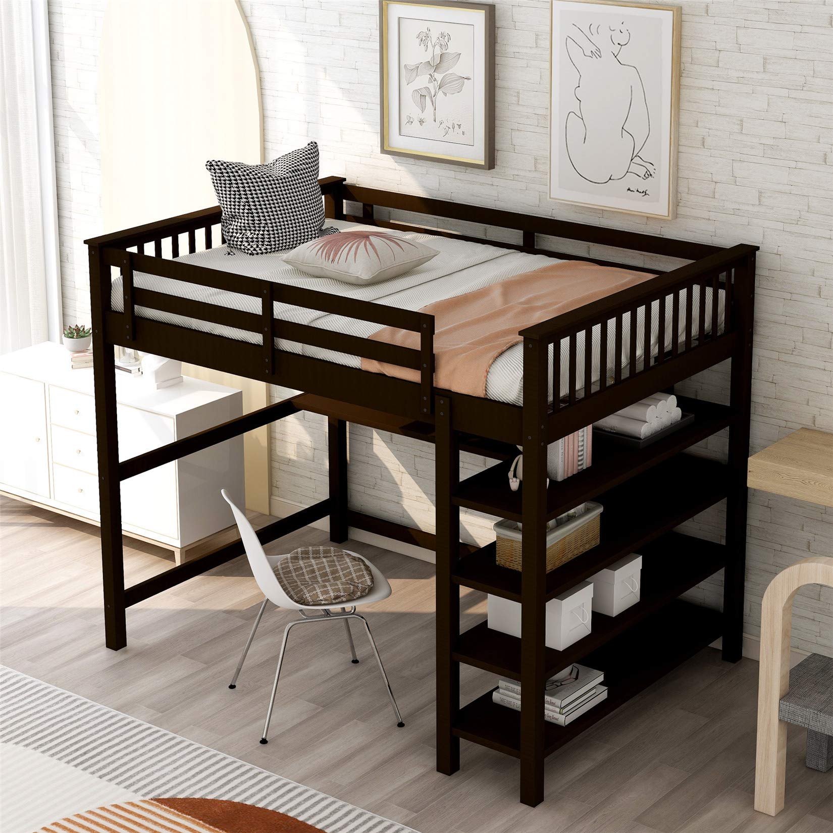 Full Loft Beds, Wood Loft Bed with Desk and Shelves, Wooden Full High