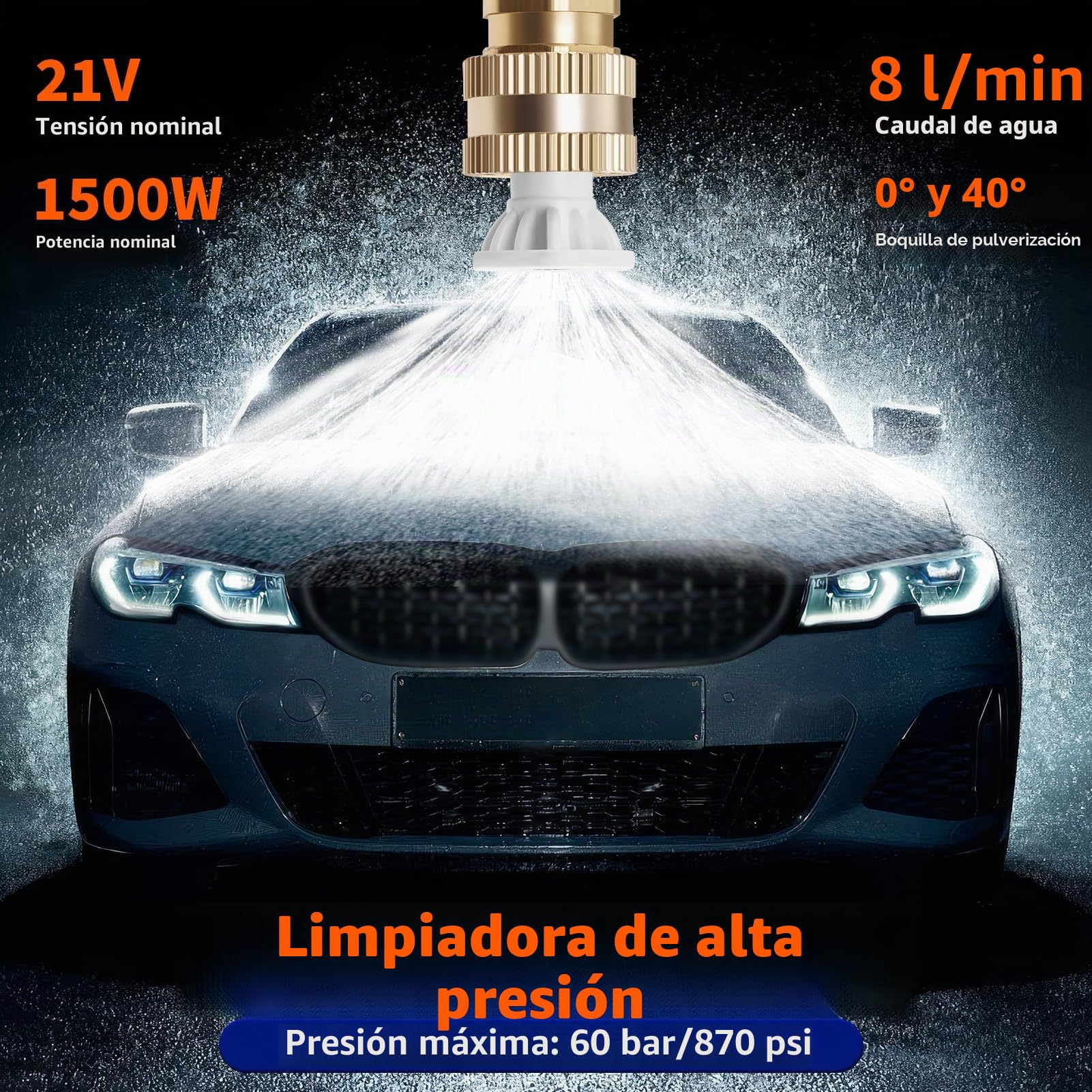 Hidrolimpiadora Batería 3000W con Cubo, Pistola Agua Presión Portátil 21V 2.0Ah con 2 Baterías, Limpiador Alta Presión Inalámbrico para Coche Moto Terraza, 60 Bar, 5M Manguera, 2 Boquillas