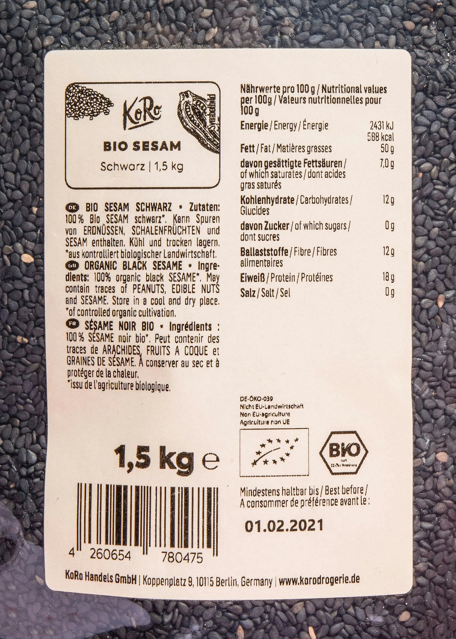 KoRo - Semi di sesamo neri bio 1,5 kg - Superfood ricco di nutrienti e dal sapore nocciolato - Alto contenuto di proteine