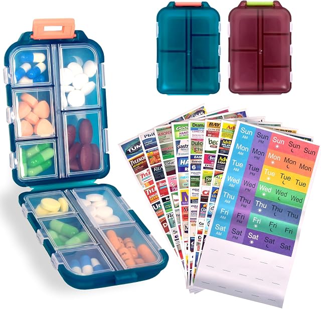 2 Pcs Travel Pill Organizer avec des étiquettes, Portable Travel Medicine Daily Pill Container Organizer 7 Entreposage de cas de pilules de jour Huile de poisson de vitamine (Blue & Rouge, 320 Lingots de médecine)