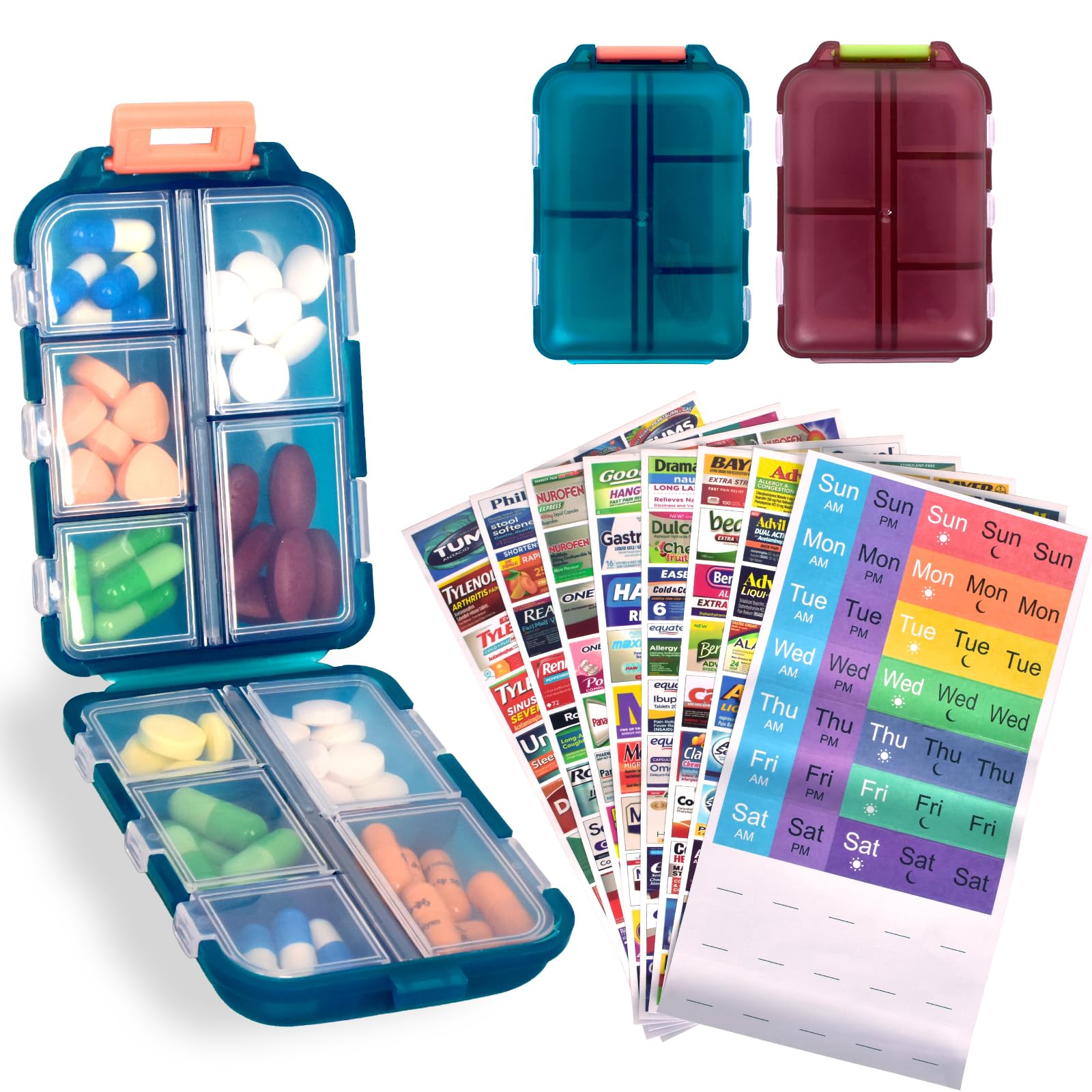 2 Pcs Travel Pill Organizer with Labels, Portable Travel Medicine Daily Pill Container Organizer 7 Day Pill Case Storage Vitamin Fish Oil (Blue &amp; Red, 320 Medicine Lables)
