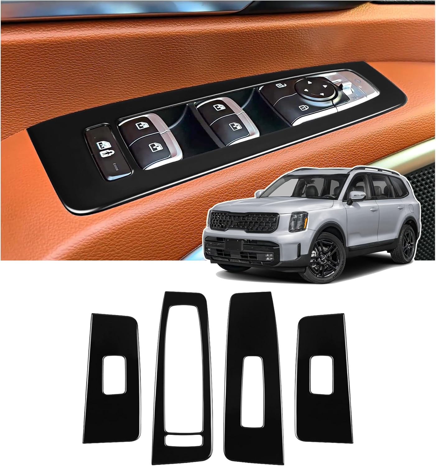 Hellet 4PCS Door Window Control Panel Cover Trim for Kia 2020-2025 Telluride Accessories Black Stainless Steel Material Window Switch Protection