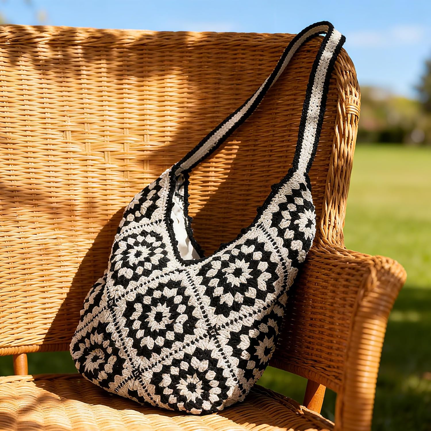 Crochet Woven Boho Bag Crossbody Shoulder Bag Tote Summer Beach Vacation Soft Foldable