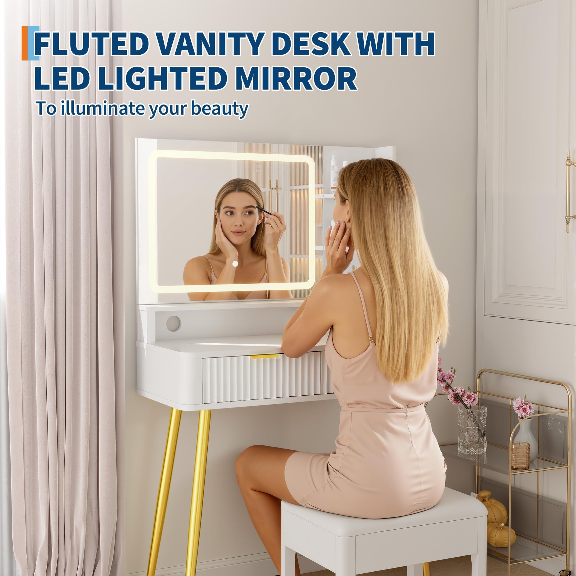 GarveeHome Coiffeuse Bois avec Miroir LED,3 Tonalités Réglable(Blanc)