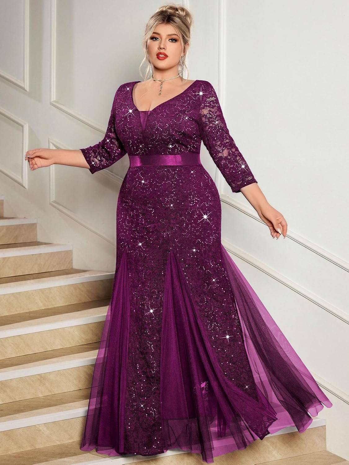 MISSMAY Women's Plus Size Double V-Neck Sequin Lace Tulle Mermaid Evening Wedding Formal Dress for Curvy Women - Image 3