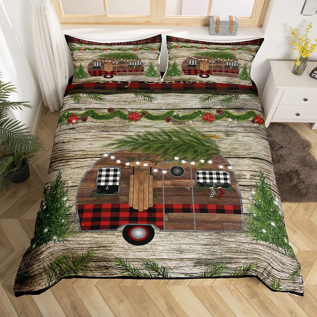 Juego de ropa de cama de coche de camping a cuadros de Merry Christmas para caravana, vintage de viaje con funda de edredón de árbol de pino de Navidad, juego de cama rústico de estilo granja marrón,