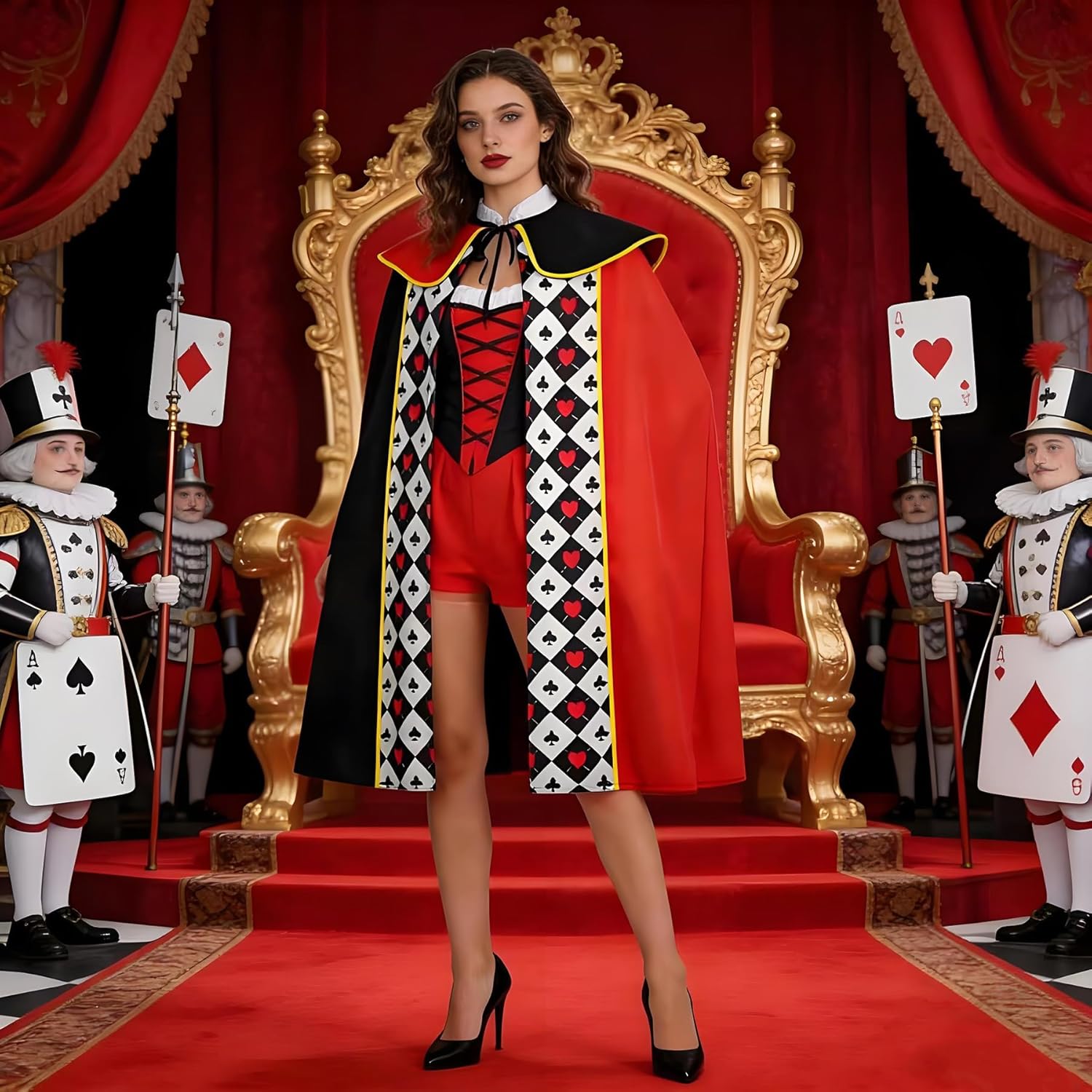 4Pcs Queen Costume Set Red & Black Playing Card Cape,Earrings,Queen Crown Wand for Halloween Theme Party