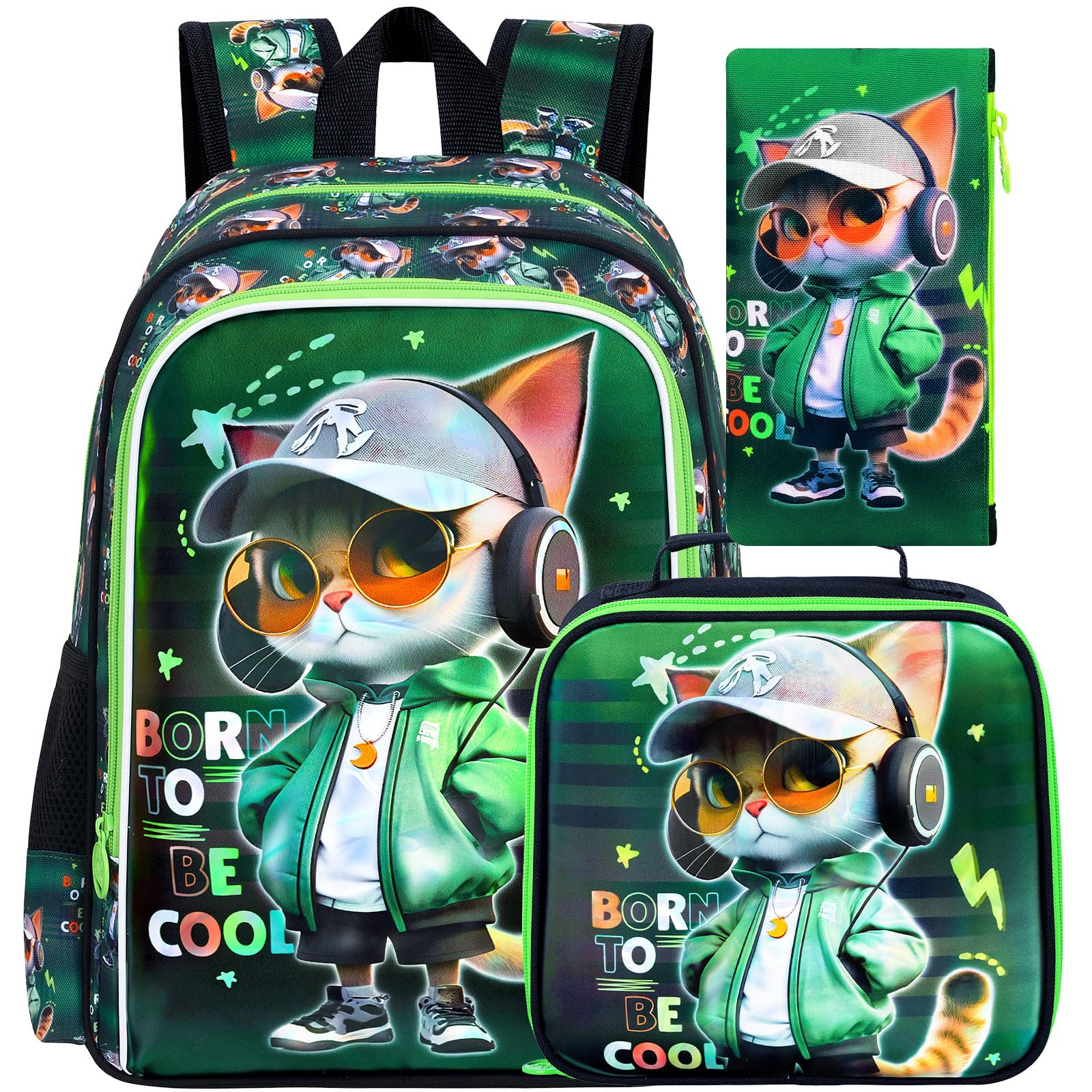 CCJPX 16" Cat Backpack for Boys, 3PCS Kids Water Resistant Preschool Bookbags, Cool Kindergarten School Backpacks and Lunch Box