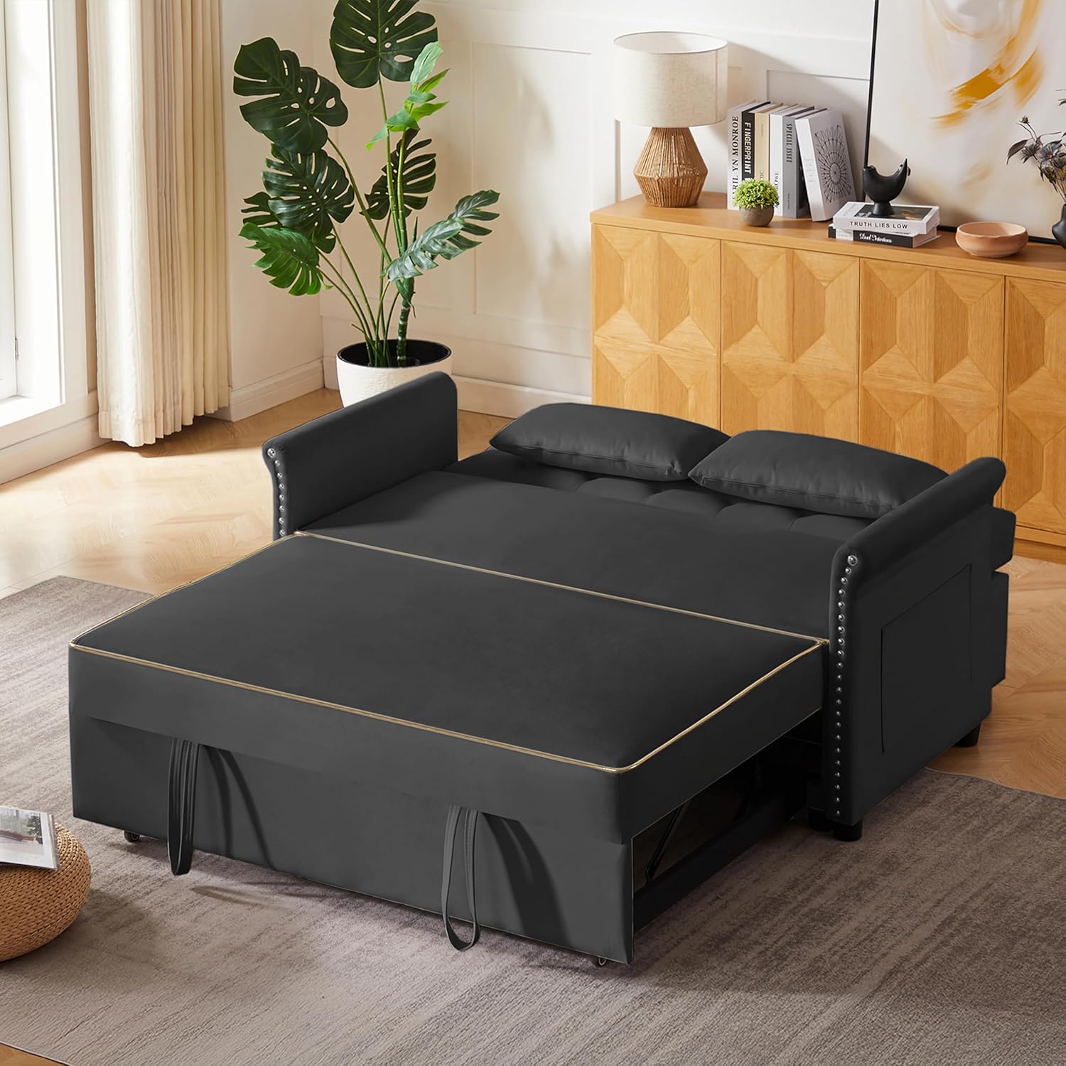 Auvsoce 57-inch Convertible Sleeper Sofa Bed partially converted to a chaise lounge.